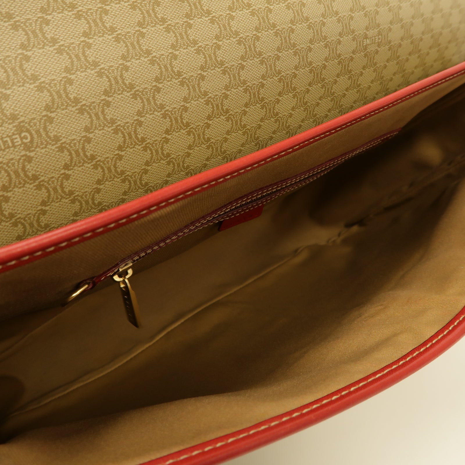 CELINE 塗層帆布Shoulder Bag金扣肩背袋紅色/米色