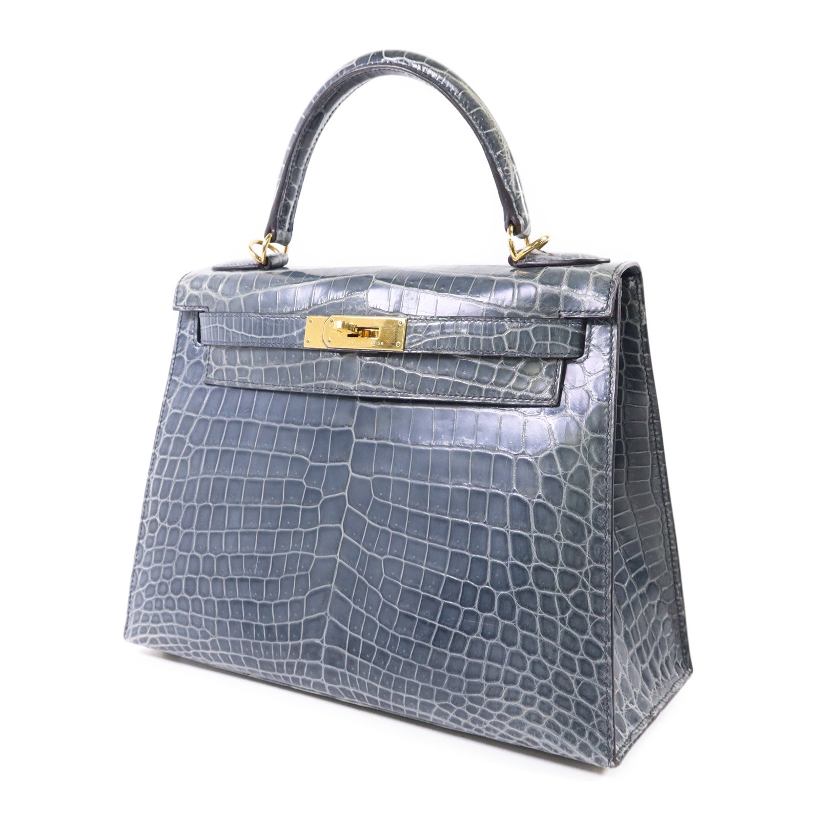 HERMES 【激減優惠】鱷魚皮革Kelly 28金扣手挽肩背兩用袋Bleu Orage