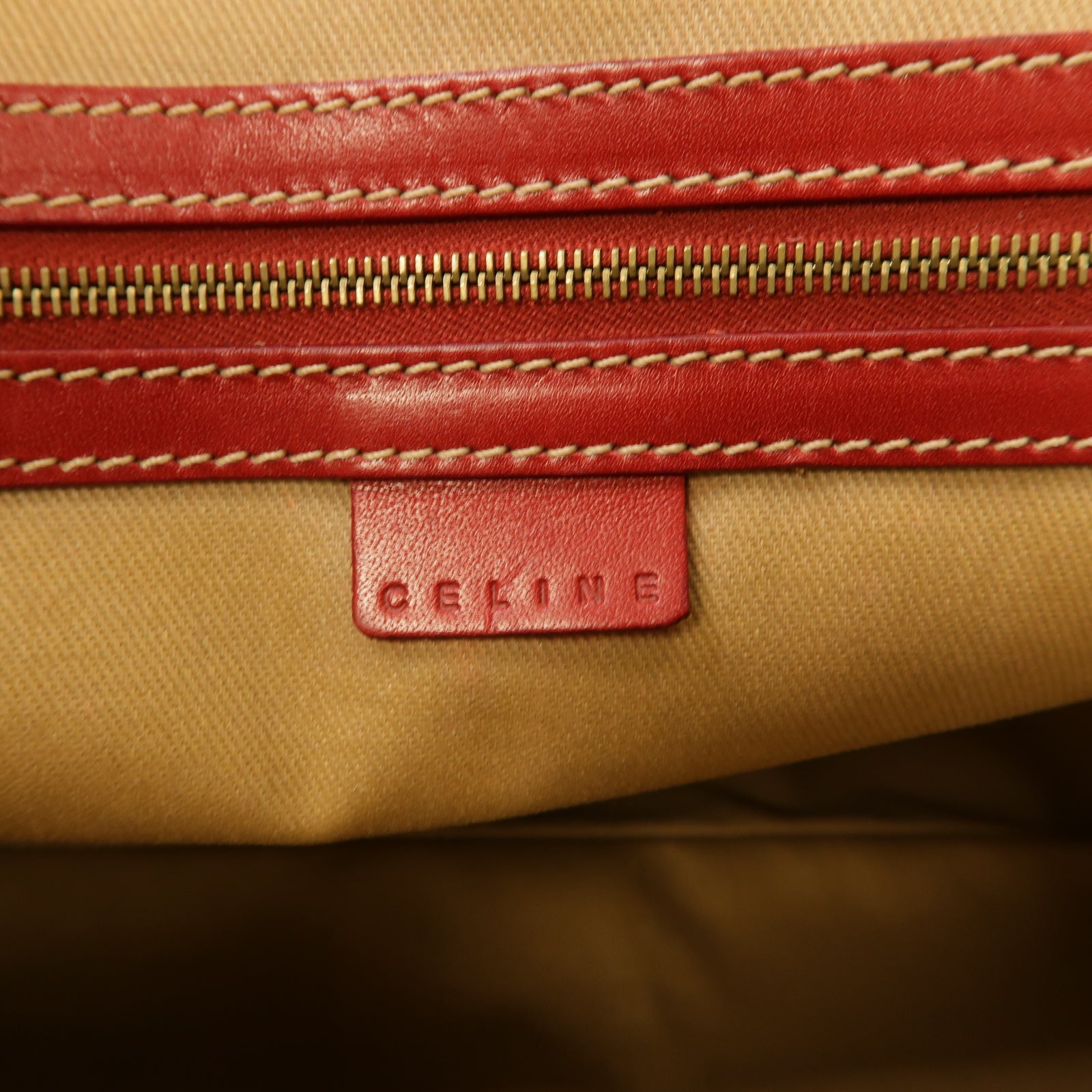CELINE 塗層帆布Shoulder Bag金扣肩背袋紅色/米色
