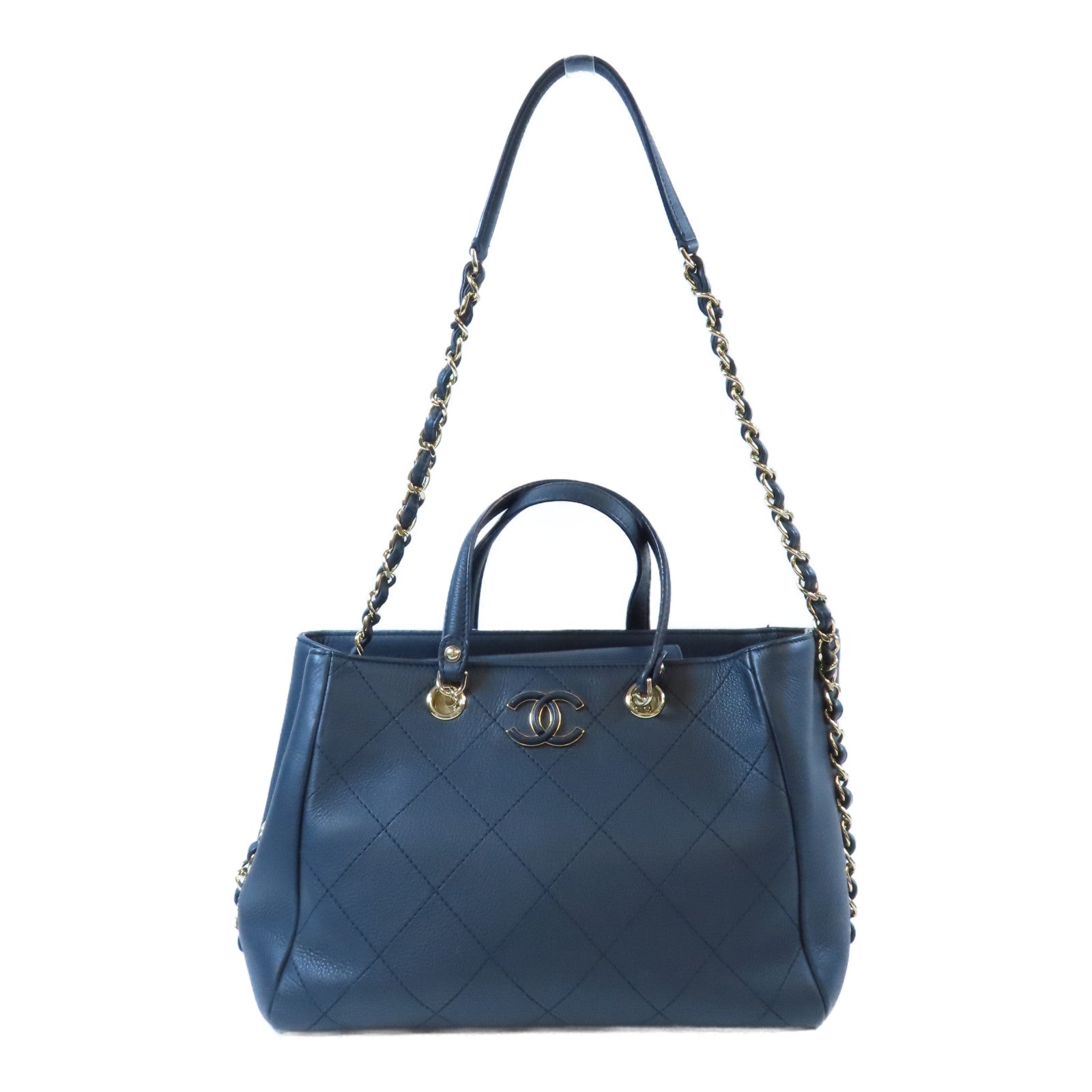 CHANEL 【激減優惠】菱格牛皮皮革Totebag銀扣鏈帶手挽肩背兩用袋深藍色
