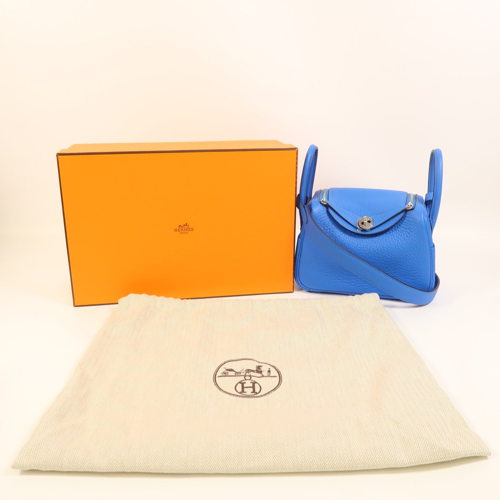 HERMES 【激減優惠】Clemence皮革Mini Lindy銀扣手挽肩背兩用袋Blue Hydra