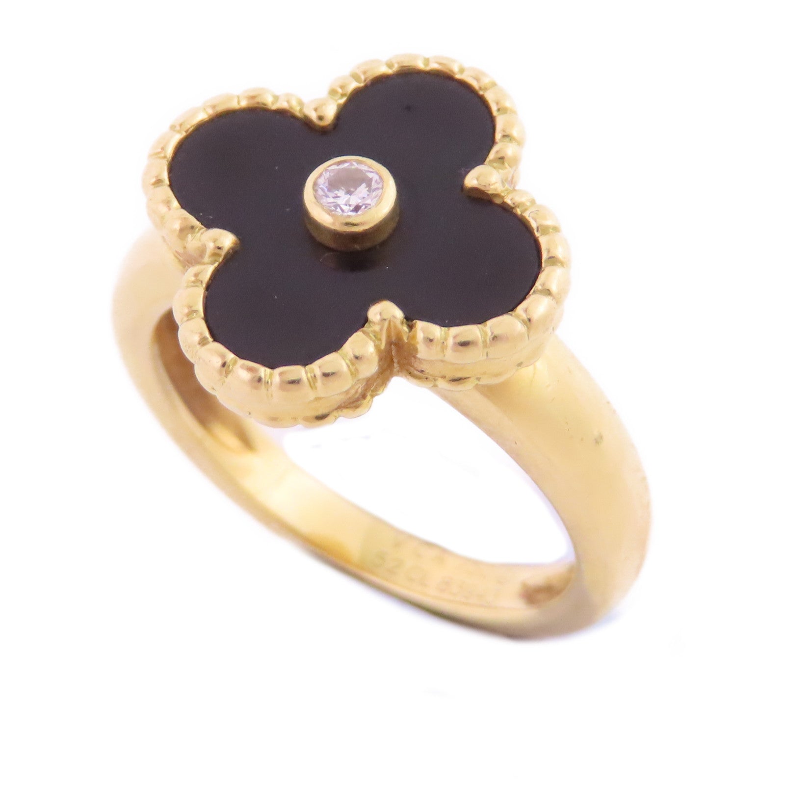 Van Cleef & Arpels 18K黃金/縞瑪瑙/鑽石Vintage Alhambra Diamond Onyx戒指#52/US#5.25