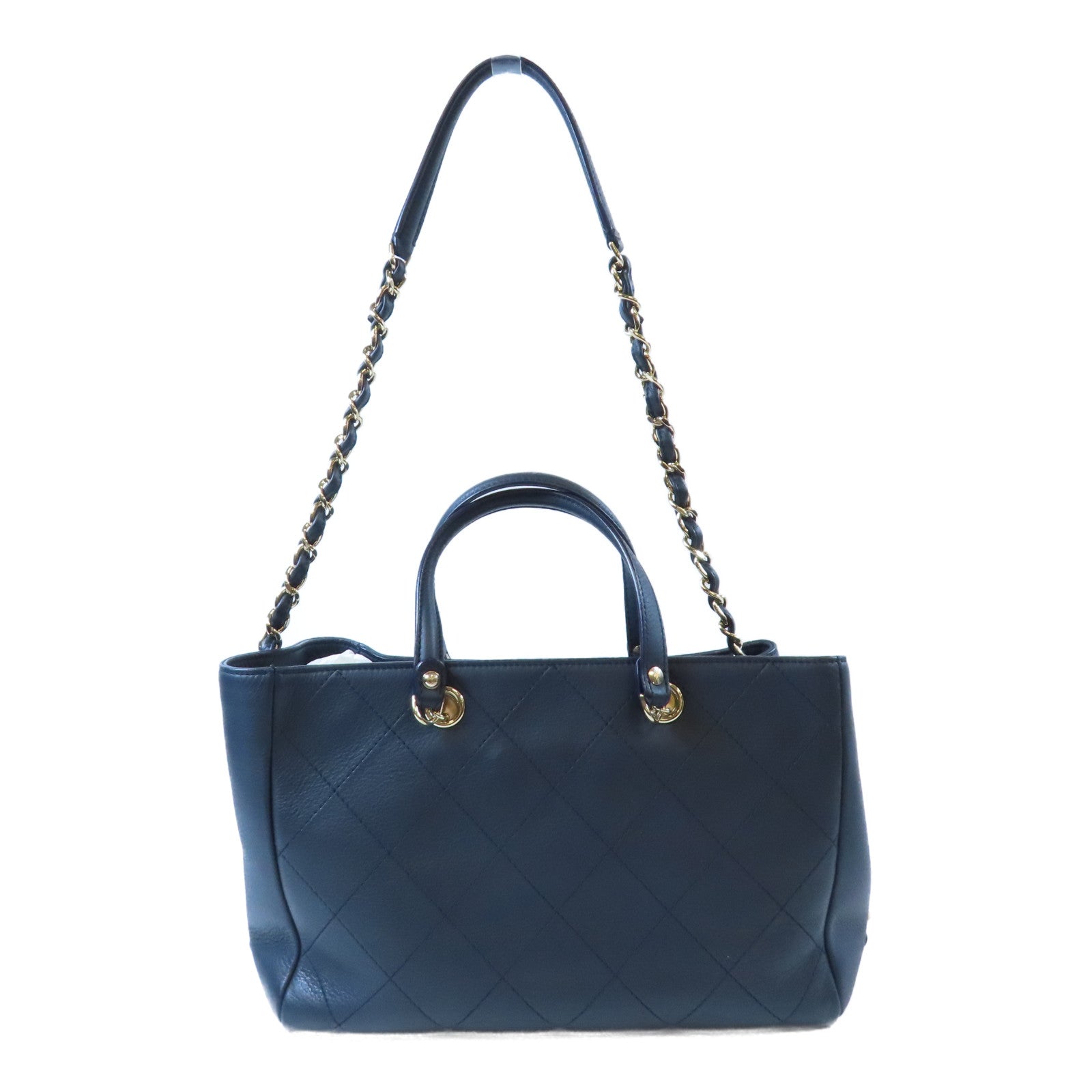 CHANEL 【激減優惠】菱格牛皮皮革Totebag銀扣鏈帶手挽肩背兩用袋深藍色
