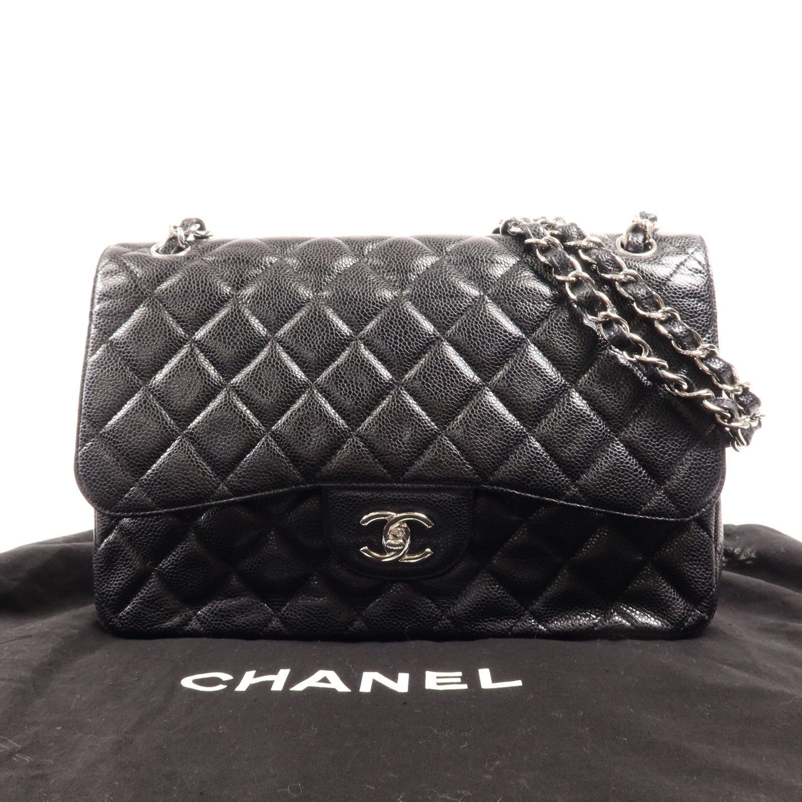 CHANEL 牛皮皮革Large Classic銀扣鏈帶肩背袋