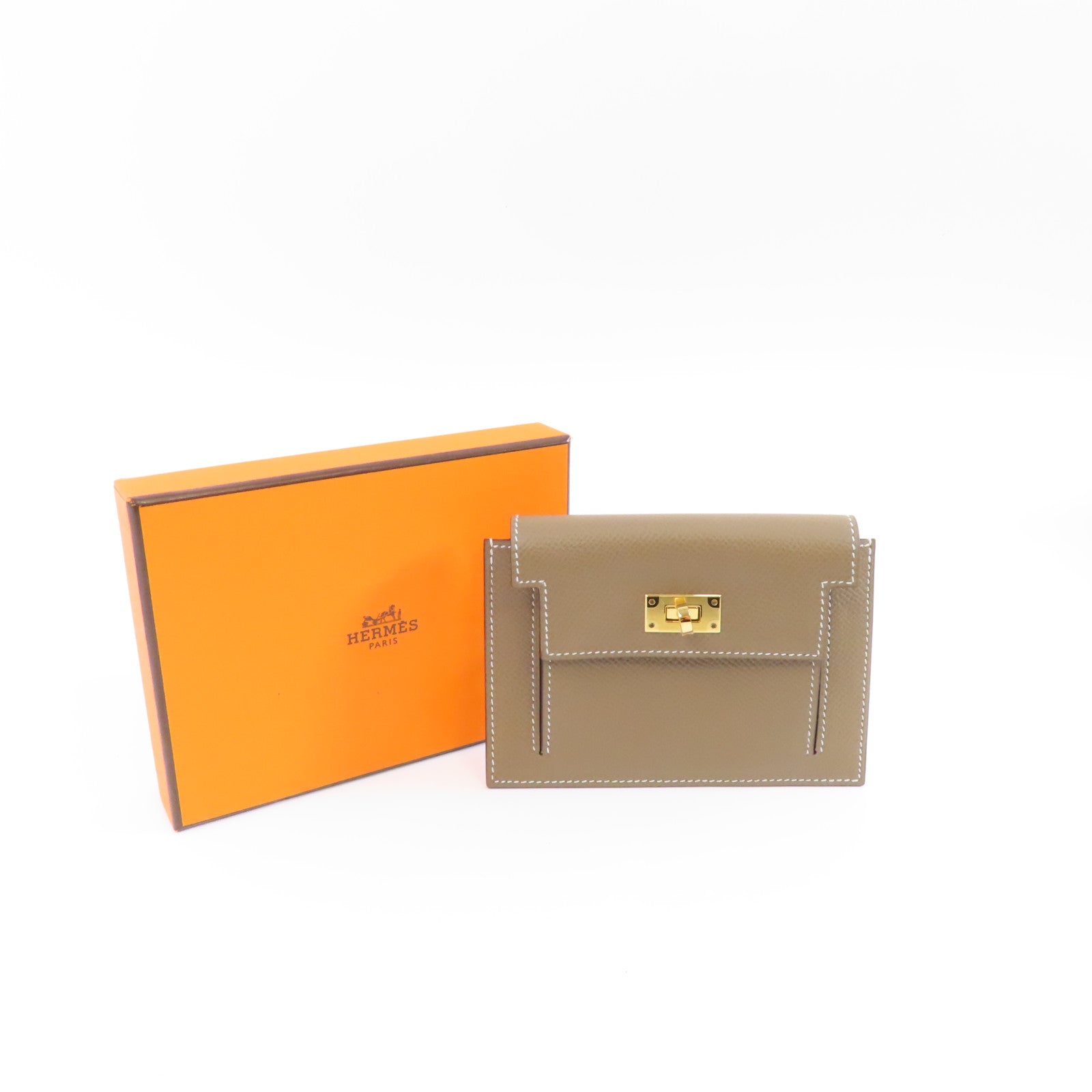 HERMES 【激減優惠】Epsom皮革Kelly Pocket Wallet金扣錢包Etoupe/米色