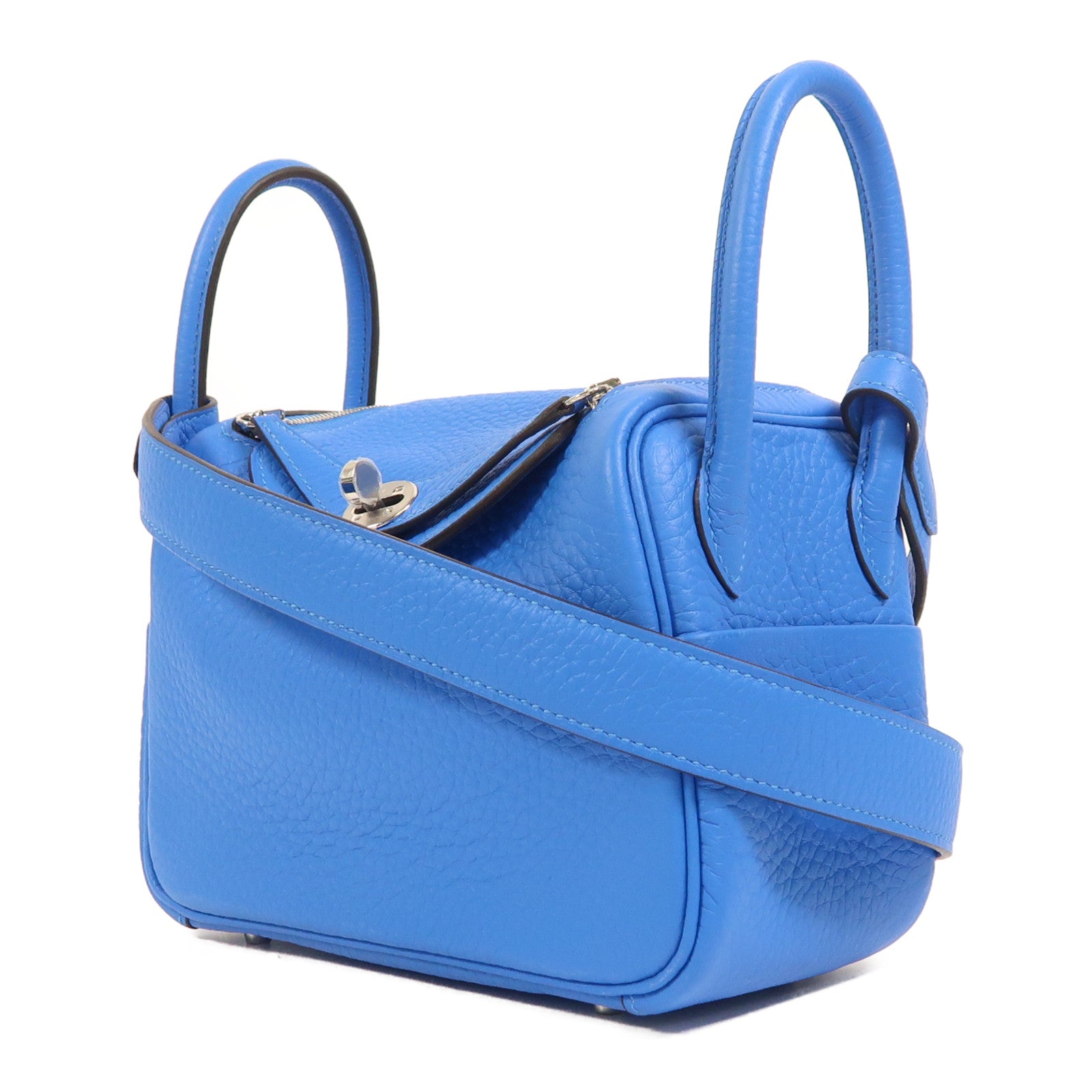 HERMES 【激減優惠】Clemence皮革Mini Lindy銀扣手挽肩背兩用袋Blue Hydra