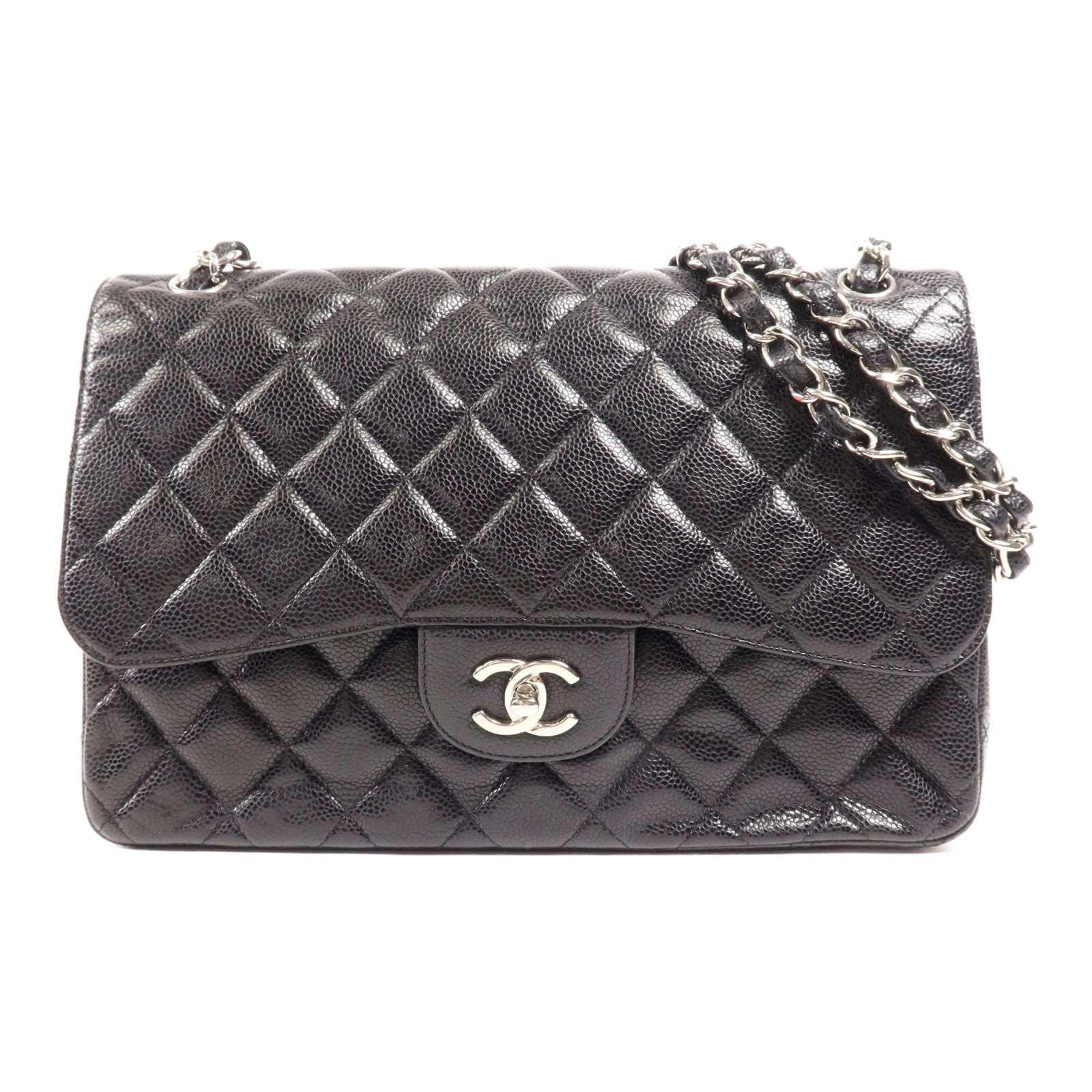 CHANEL 牛皮皮革Large Classic銀扣鏈帶肩背袋