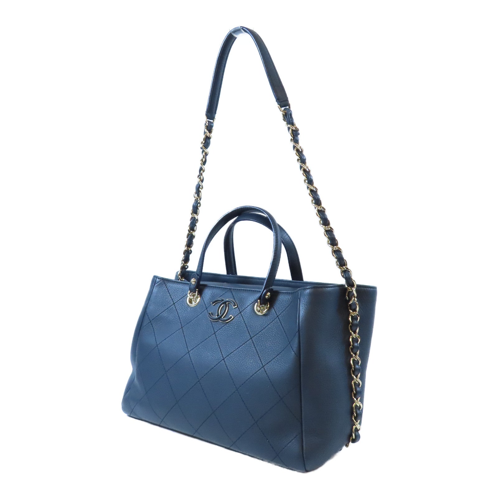 CHANEL 【激減優惠】菱格牛皮皮革Totebag銀扣鏈帶手挽肩背兩用袋深藍色