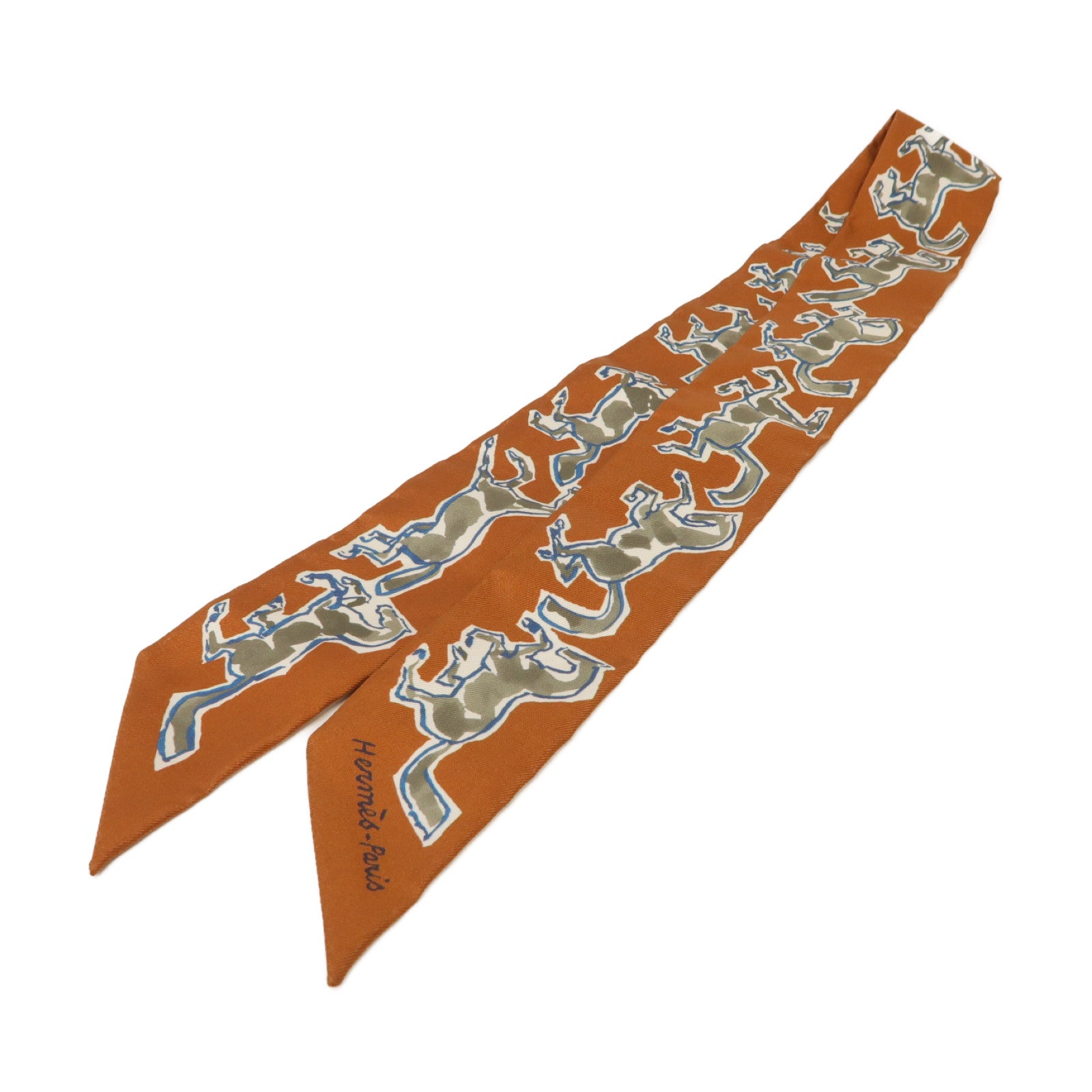 HERMES 絲質Twilly絲巾棕色/灰色