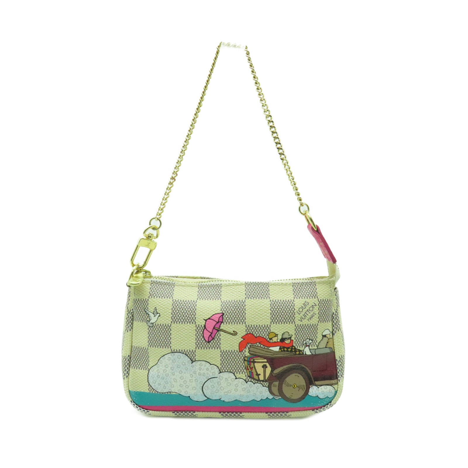 LOUIS VUITTON 【激減優惠】Damier Azur Mini Pochette Accessoires Pouch金扣鏈帶肩背袋白色