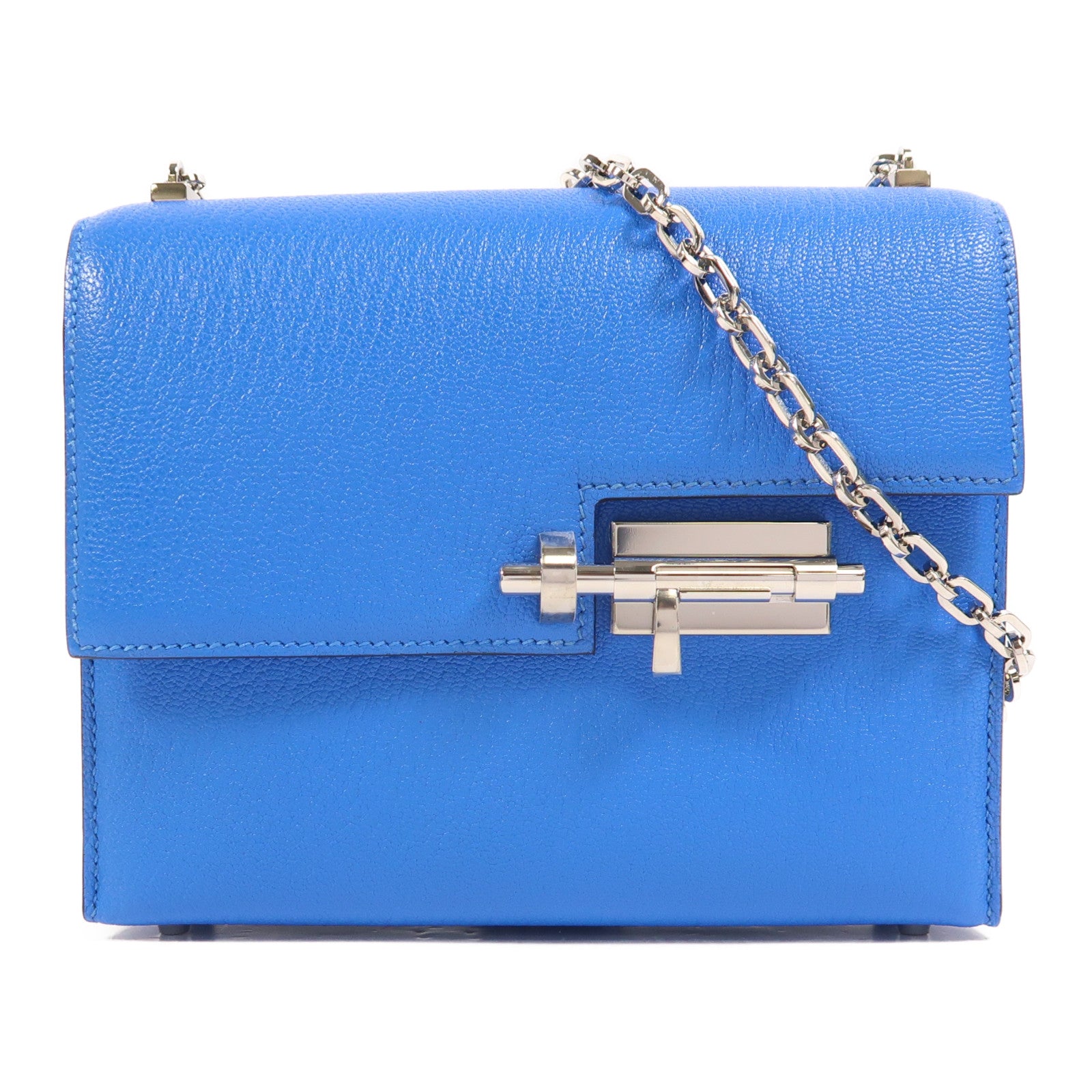 HERMES Chevre皮革Verrou Mini銀扣鏈帶肩背袋Bleu Hydra