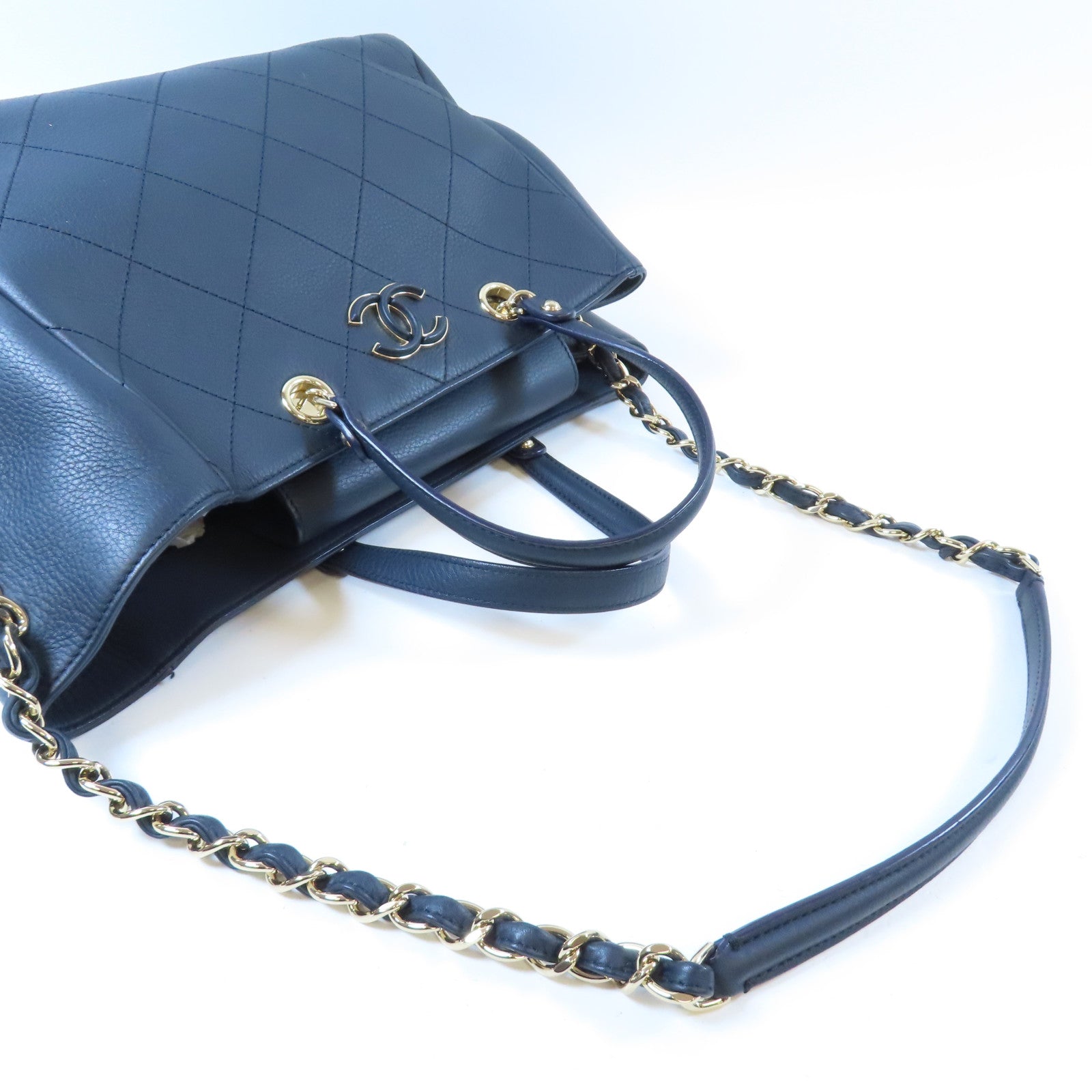 CHANEL 【激減優惠】菱格牛皮皮革Totebag銀扣鏈帶手挽肩背兩用袋深藍色
