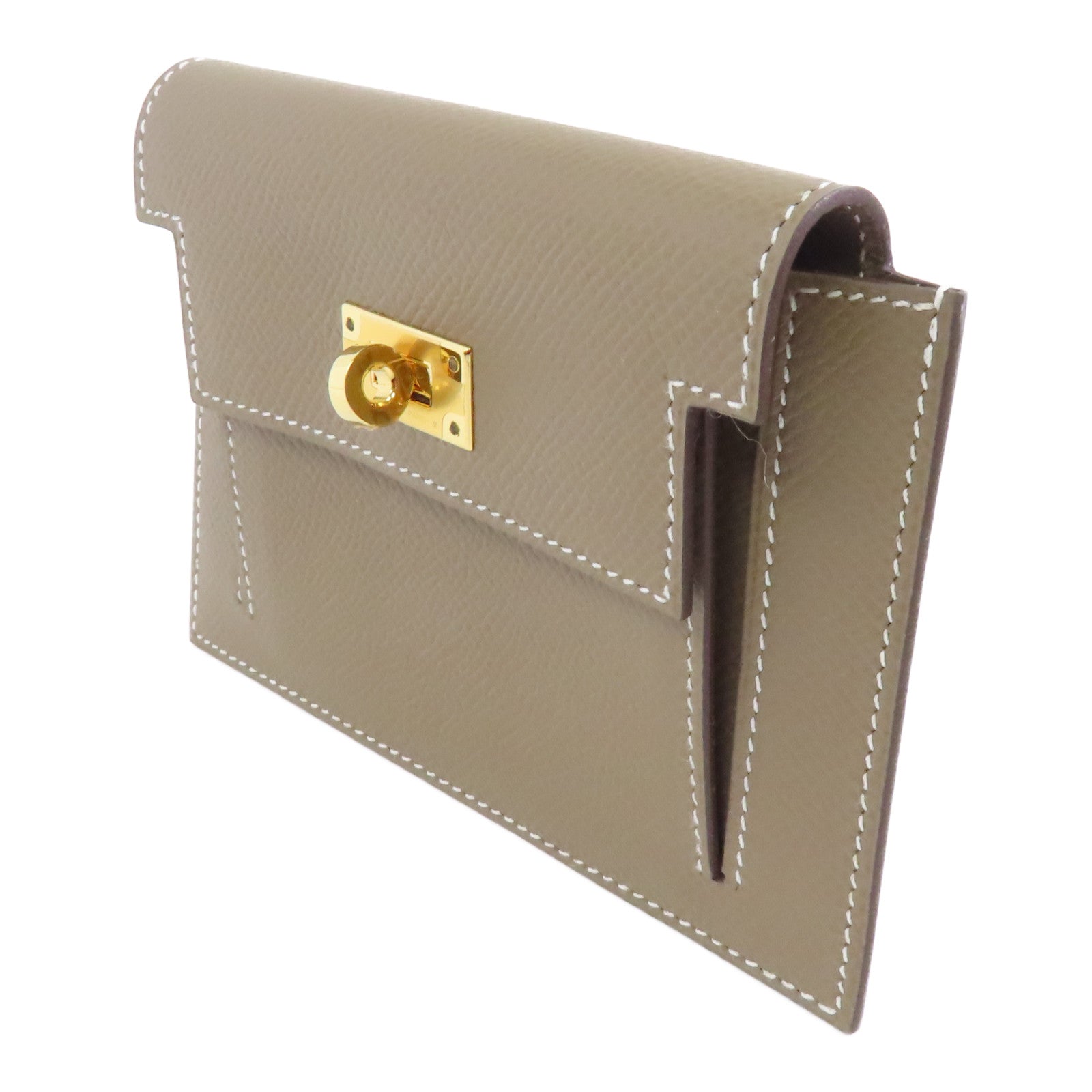 HERMES 【激減優惠】Epsom皮革Kelly Pocket Wallet金扣錢包Etoupe/米色