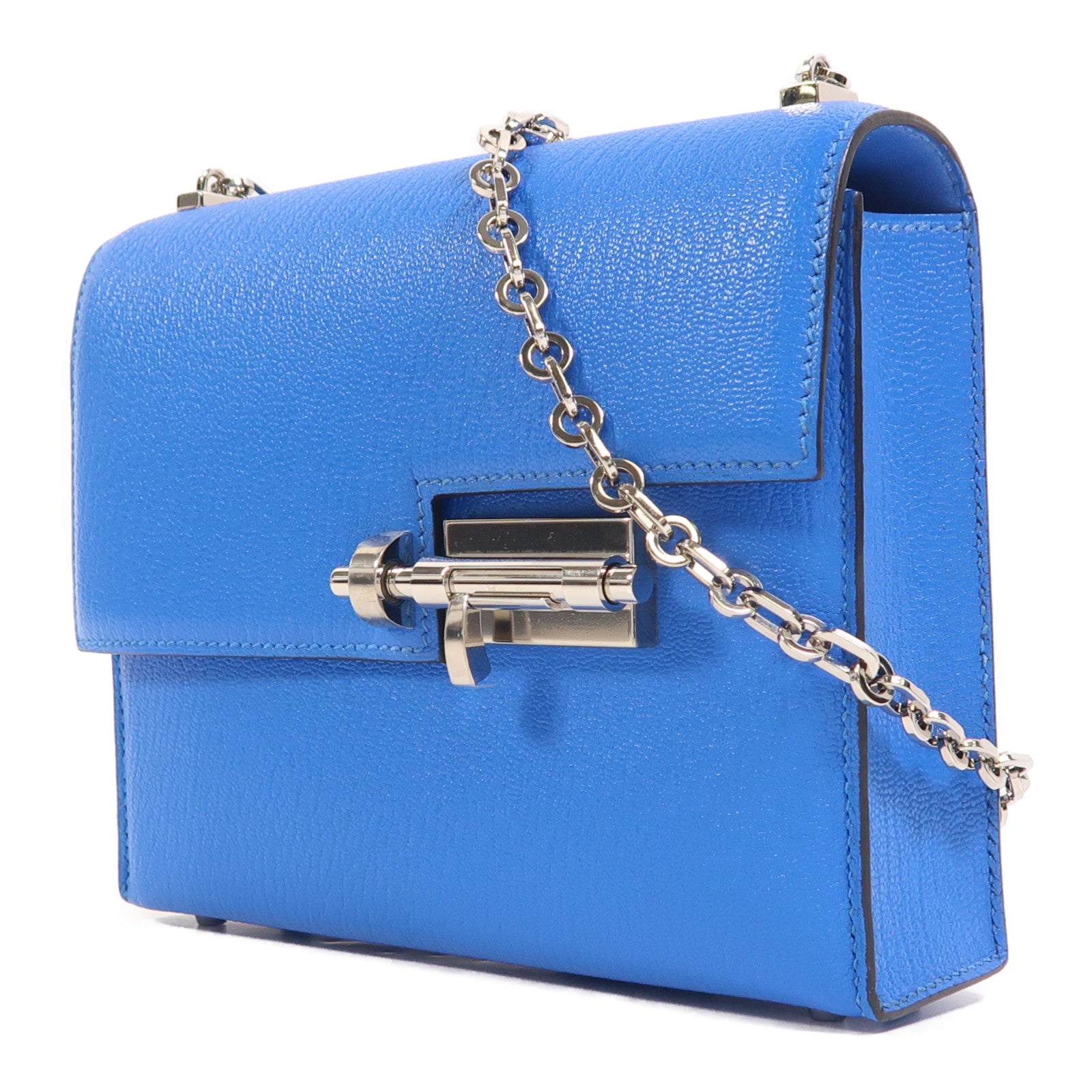 HERMES Chevre皮革Verrou Mini銀扣鏈帶肩背袋Bleu Hydra