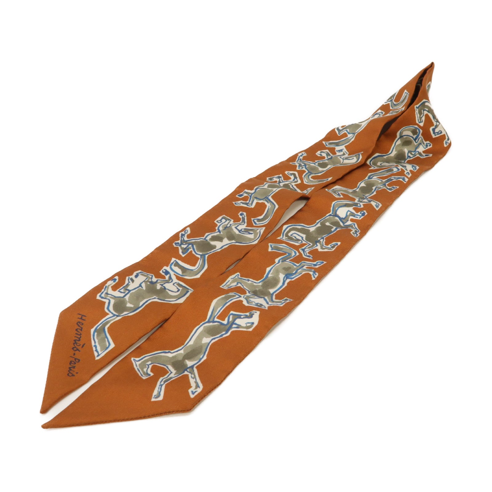 HERMES 絲質Twilly絲巾棕色/灰色