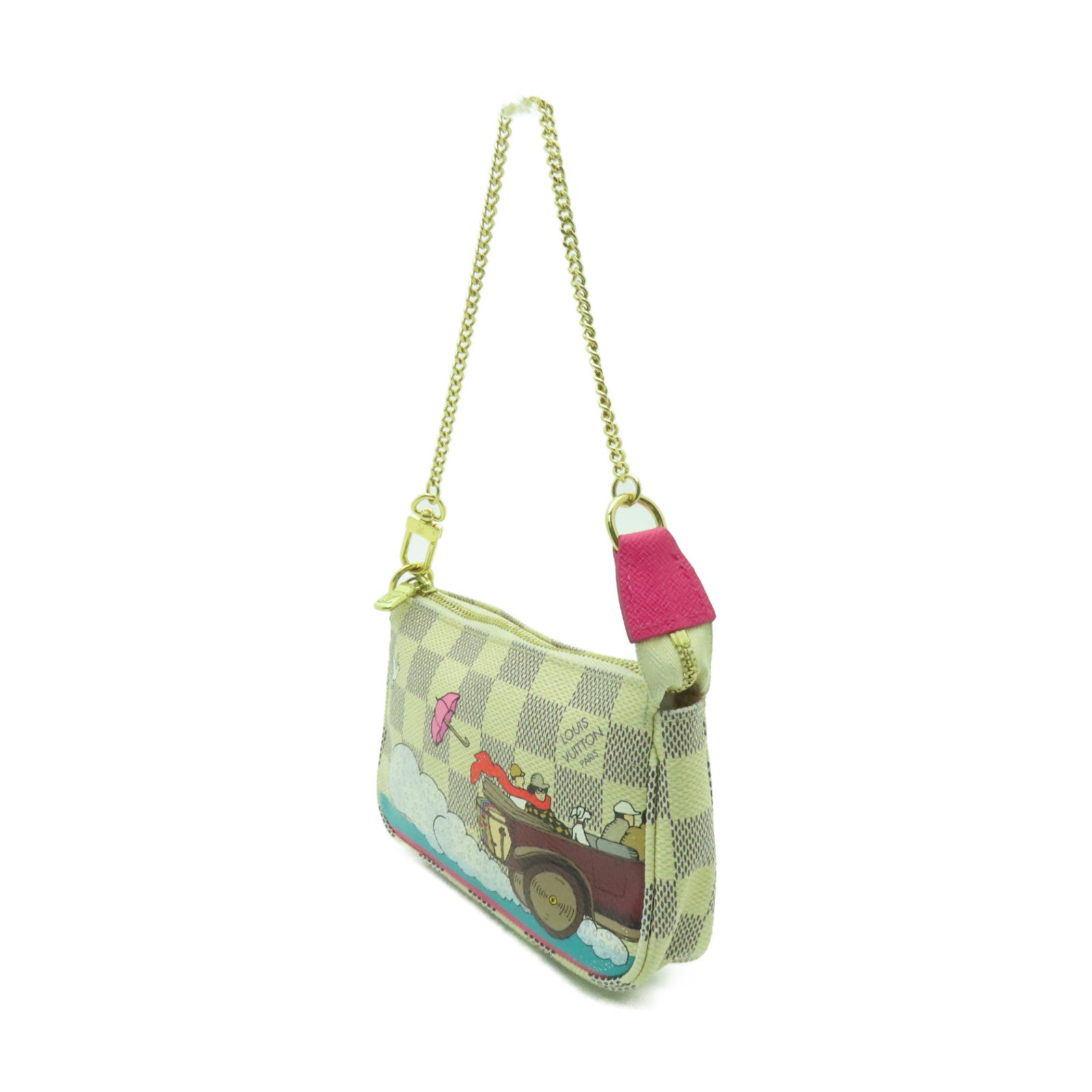 LOUIS VUITTON 【激減優惠】Damier Azur Mini Pochette Accessoires Pouch金扣鏈帶肩背袋白色