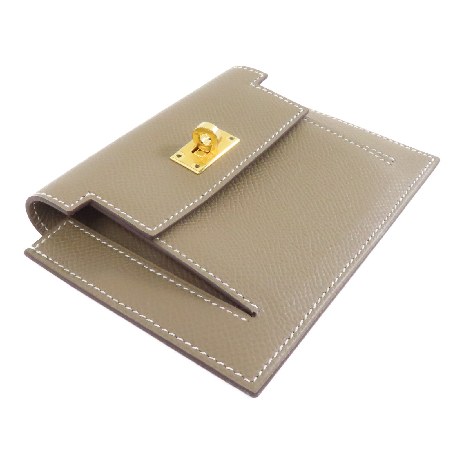HERMES 【激減優惠】Epsom皮革Kelly Pocket Wallet金扣錢包Etoupe/米色