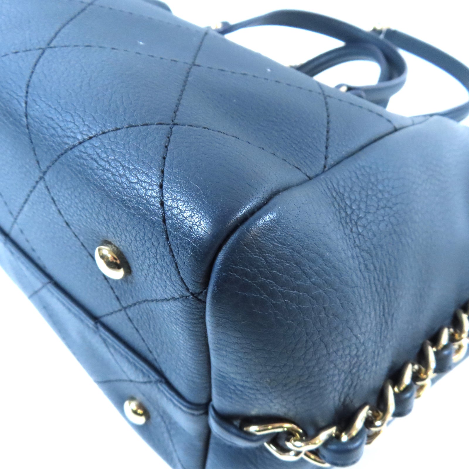 CHANEL 【激減優惠】菱格牛皮皮革Totebag銀扣鏈帶手挽肩背兩用袋深藍色