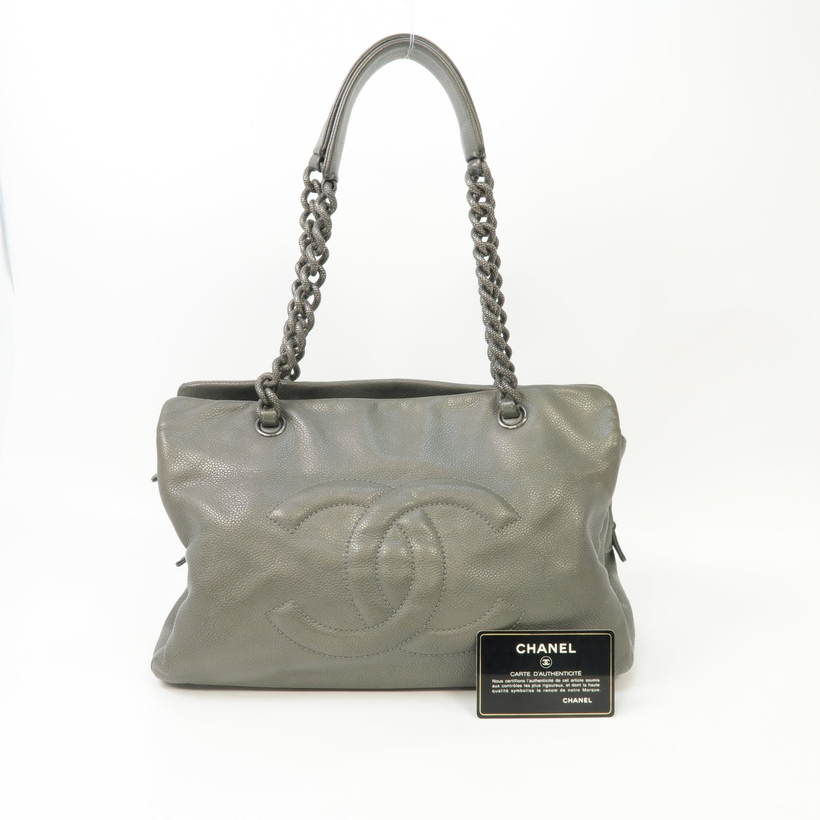 CHANEL 牛皮皮革Chain Shoulder Bag銀扣鏈帶肩背袋灰色