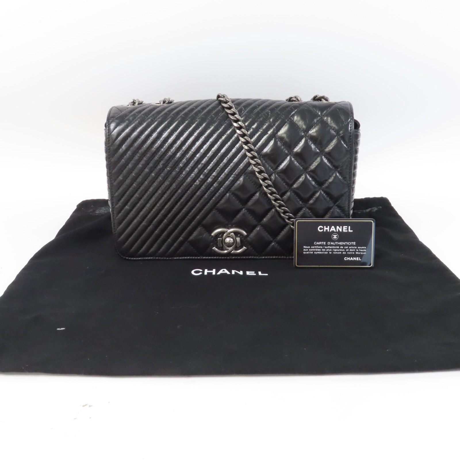 CHANEL 【激減優惠】菱格/斜紋牛皮皮革Chain Shoulder銀扣鏈帶肩背袋黑色