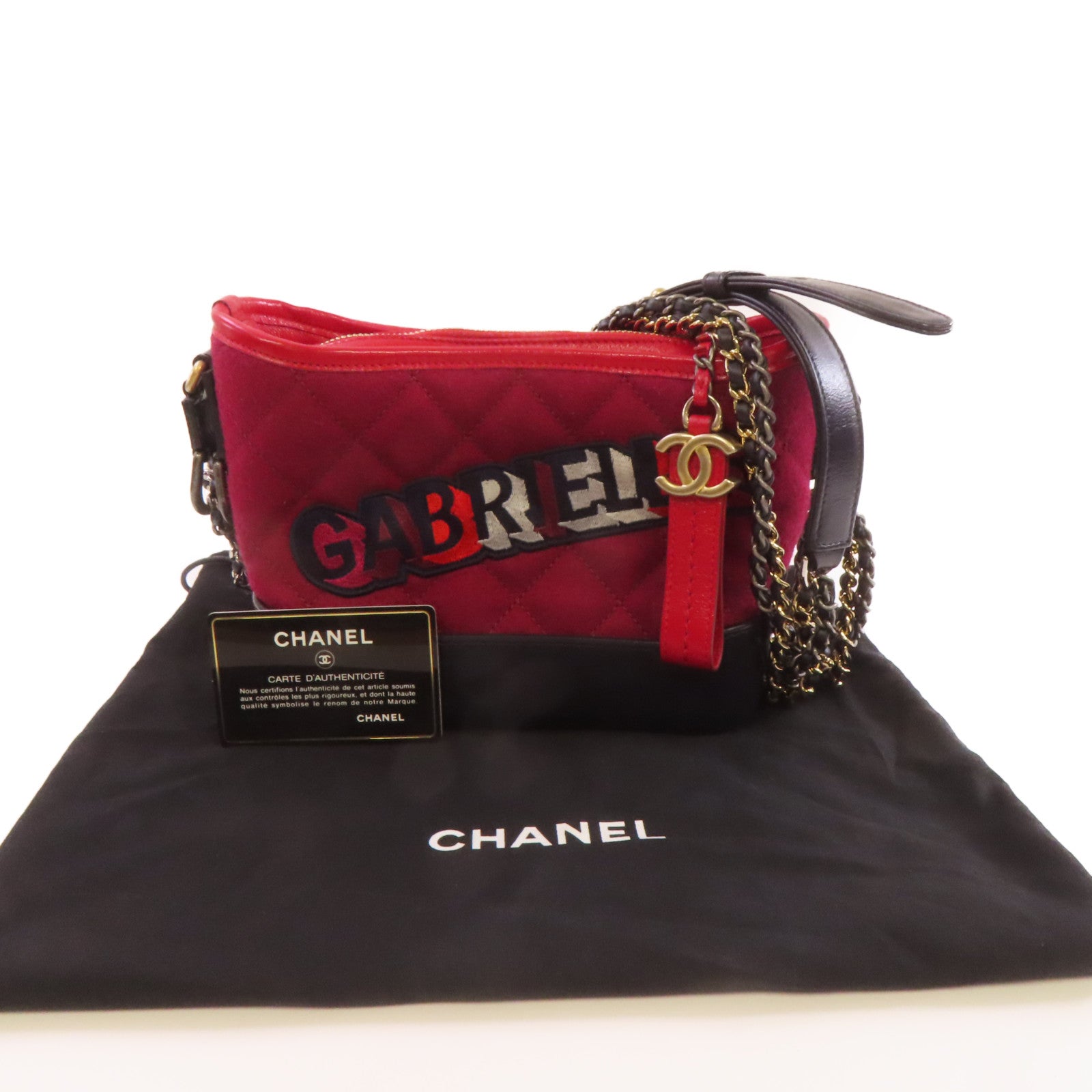 CHANEL **【激減優惠】菱格帆布Gabrielle Mini Chain Shoulder Bag銀扣鏈帶肩背袋酒紅色/黑色