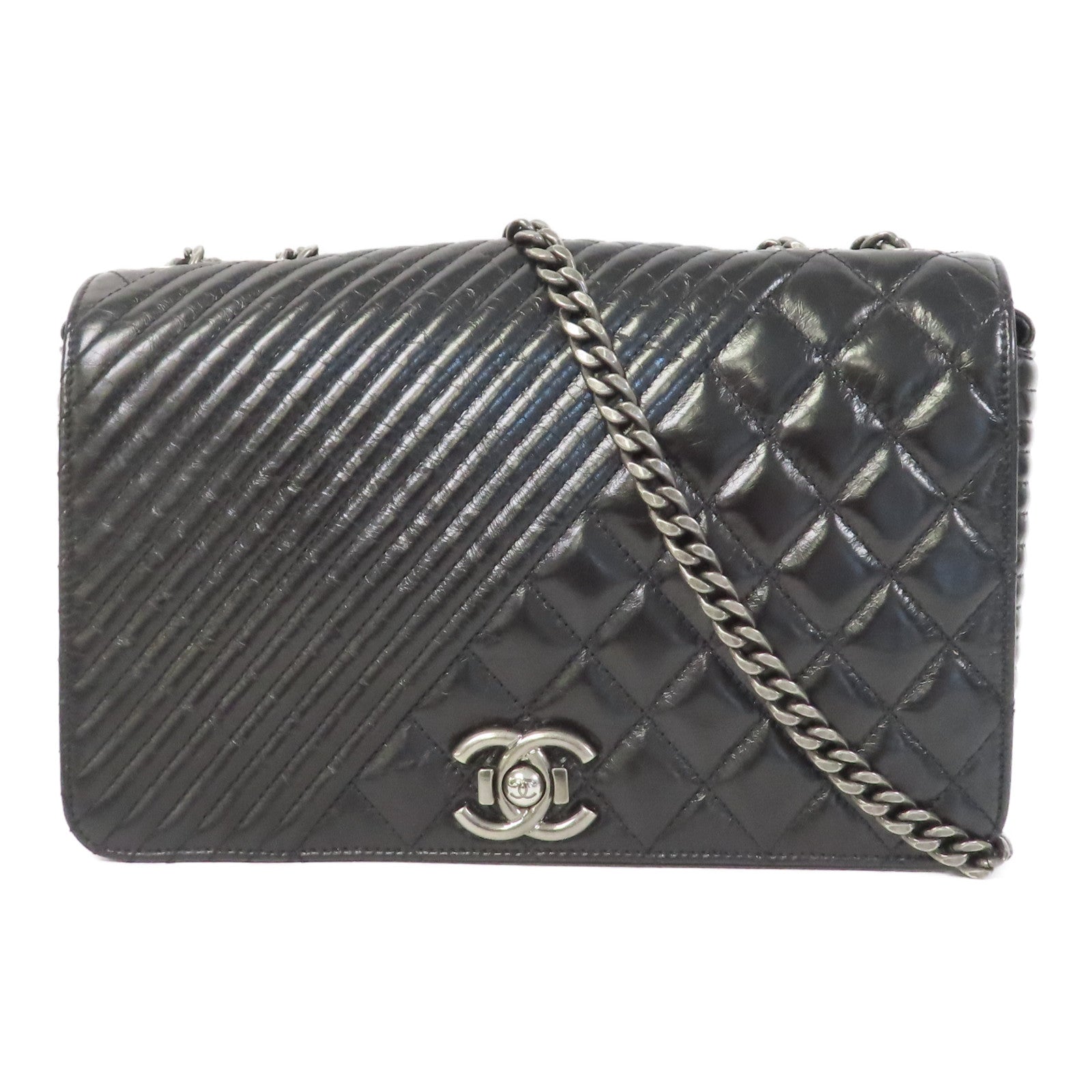 CHANEL 【激減優惠】菱格/斜紋牛皮皮革Chain Shoulder銀扣鏈帶肩背袋黑色