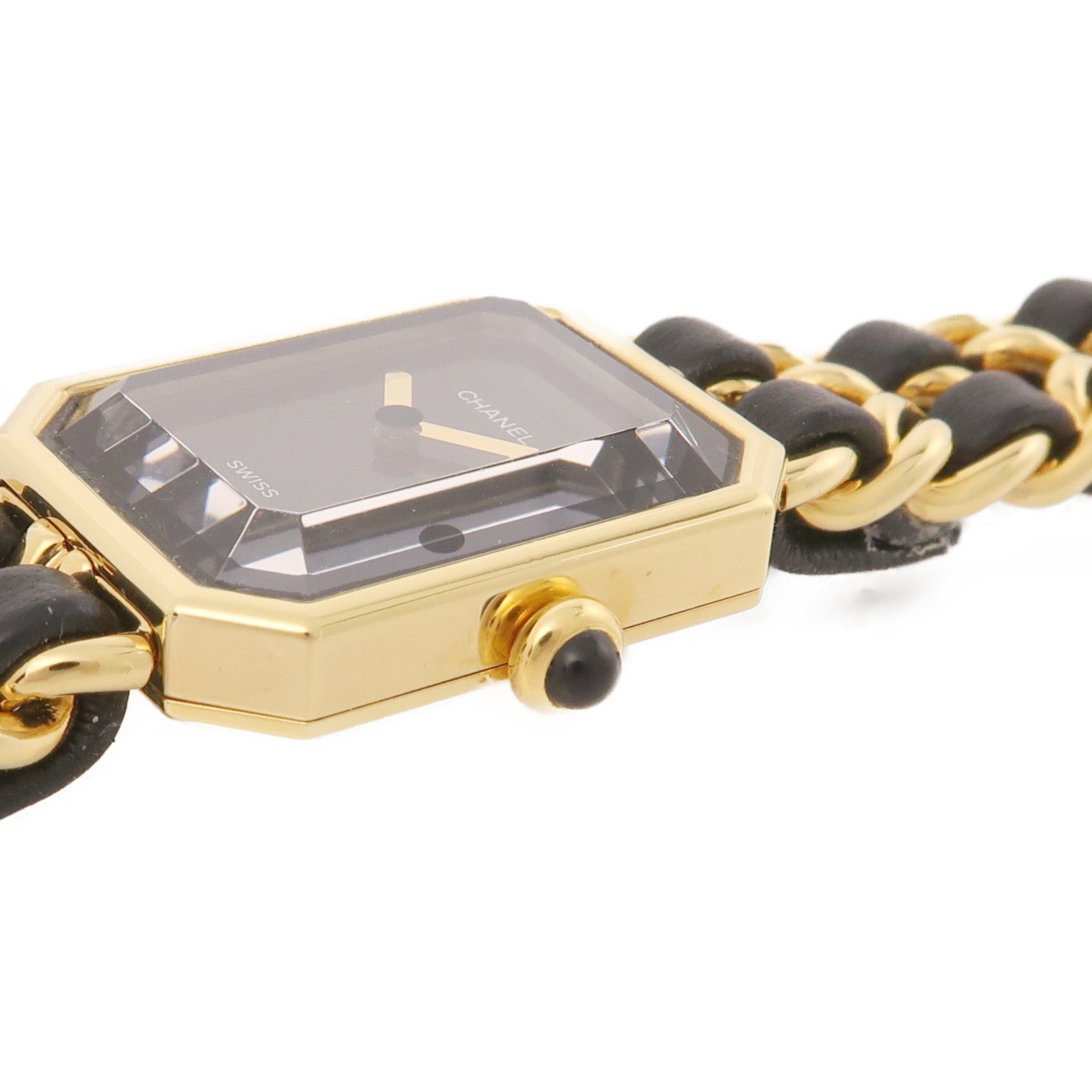 CHANEL Premiere L鍍金/皮革帶手錶石英機芯黑色