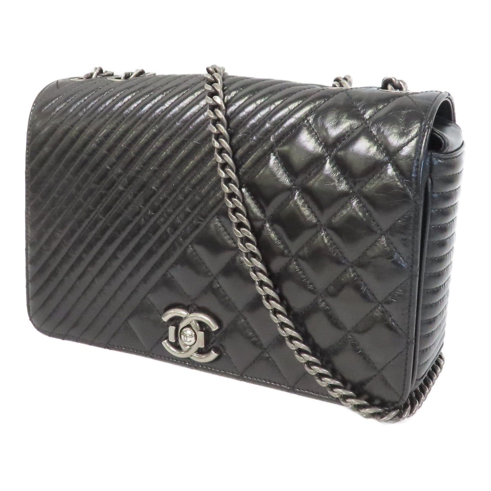CHANEL 【激減優惠】菱格/斜紋牛皮皮革Chain Shoulder銀扣鏈帶肩背袋黑色