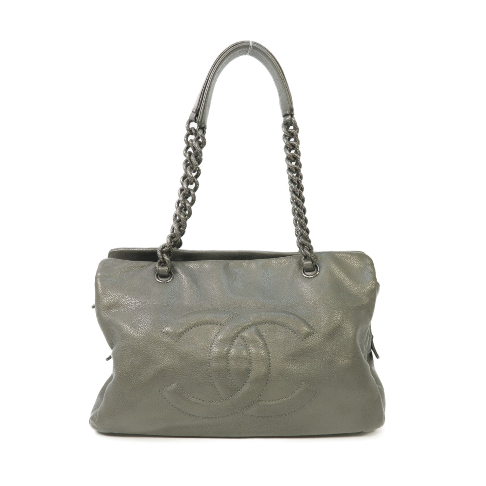 CHANEL 牛皮皮革Chain Shoulder Bag銀扣鏈帶肩背袋灰色