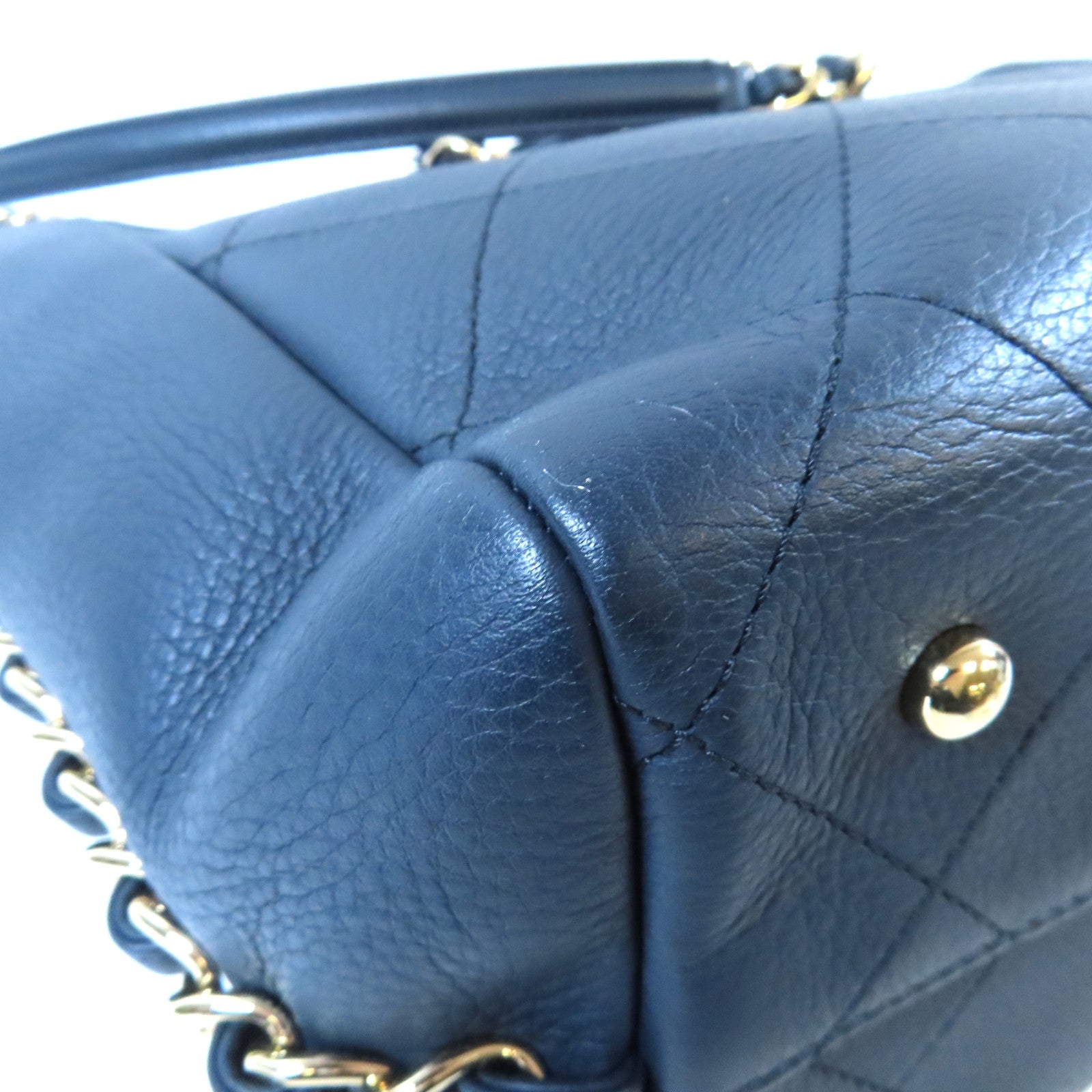 CHANEL 【激減優惠】菱格牛皮皮革Totebag銀扣鏈帶手挽肩背兩用袋深藍色