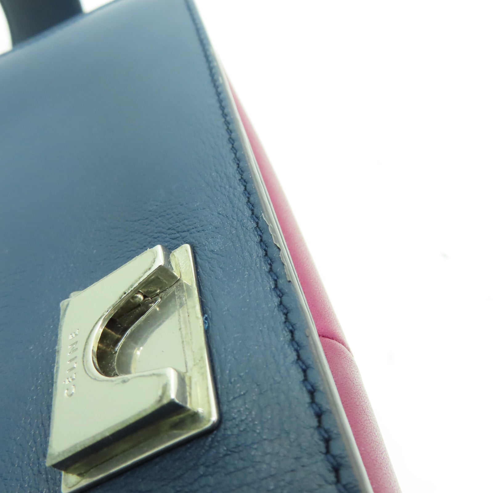 CELINE 牛皮皮革Shoulder Bag銀扣肩背袋深藍色/酒紅色