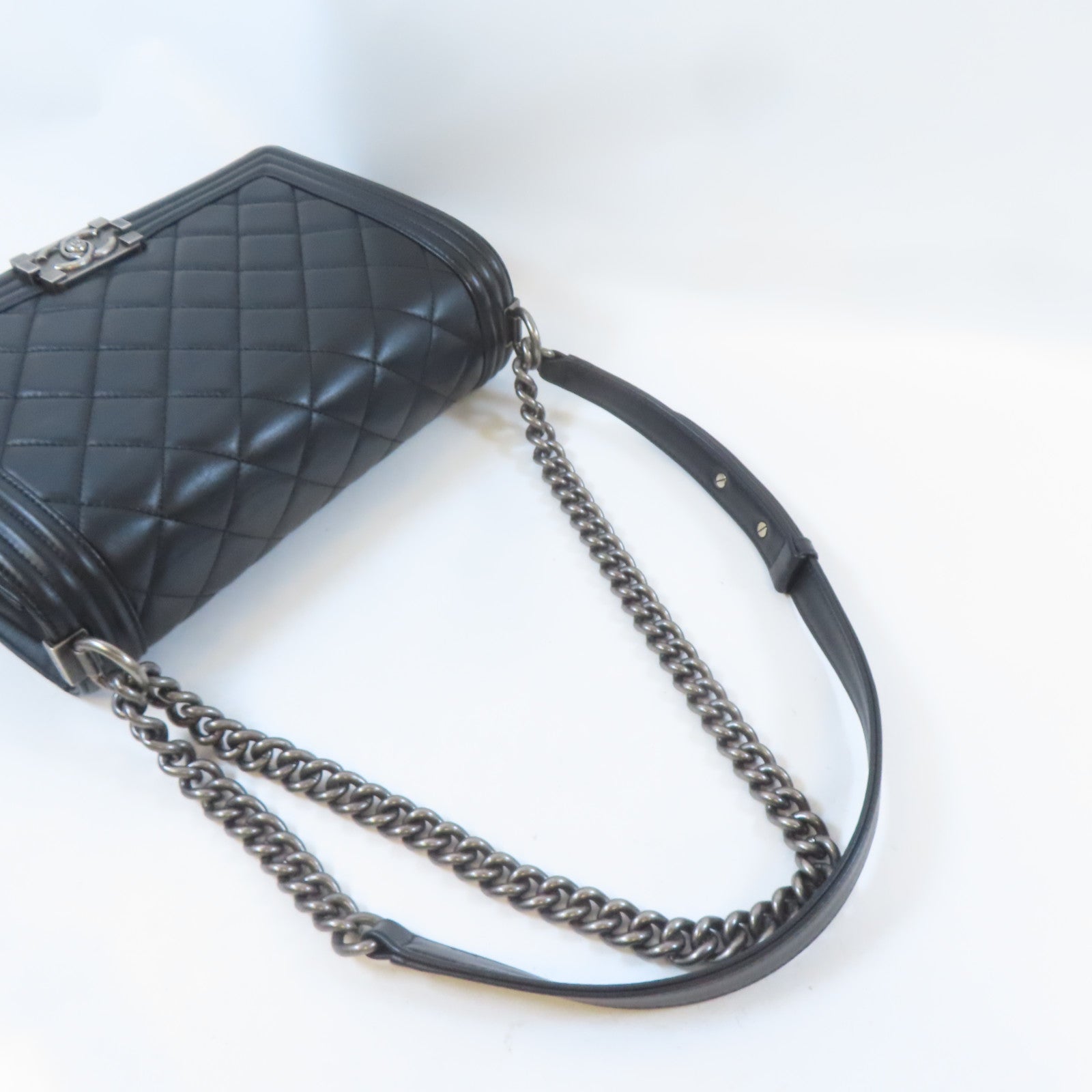 CHANEL 【激減優惠】菱格羊皮皮革Boy Chanel鏈帶肩背袋黑色