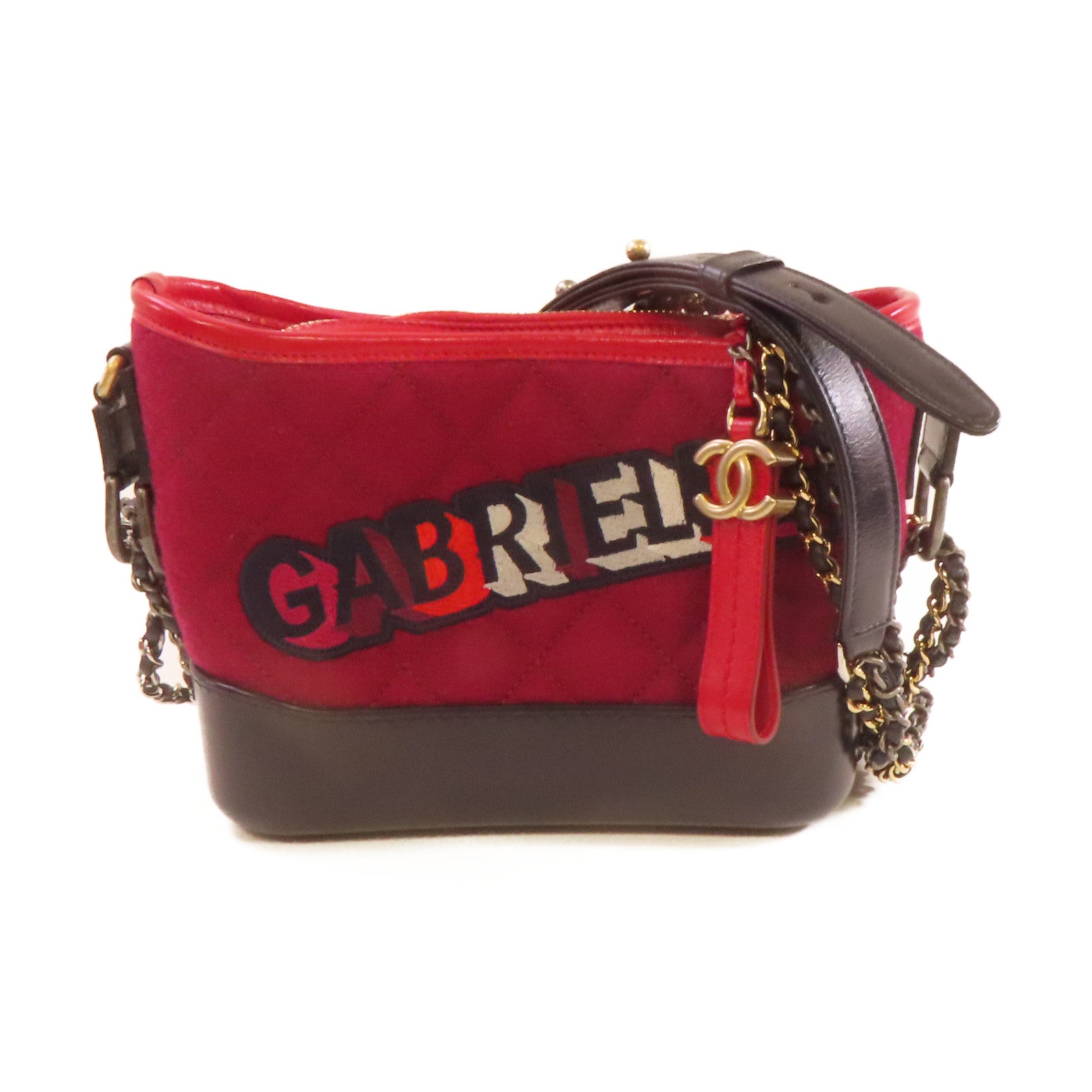 CHANEL **【激減優惠】菱格帆布Gabrielle Mini Chain Shoulder Bag銀扣鏈帶肩背袋酒紅色/黑色