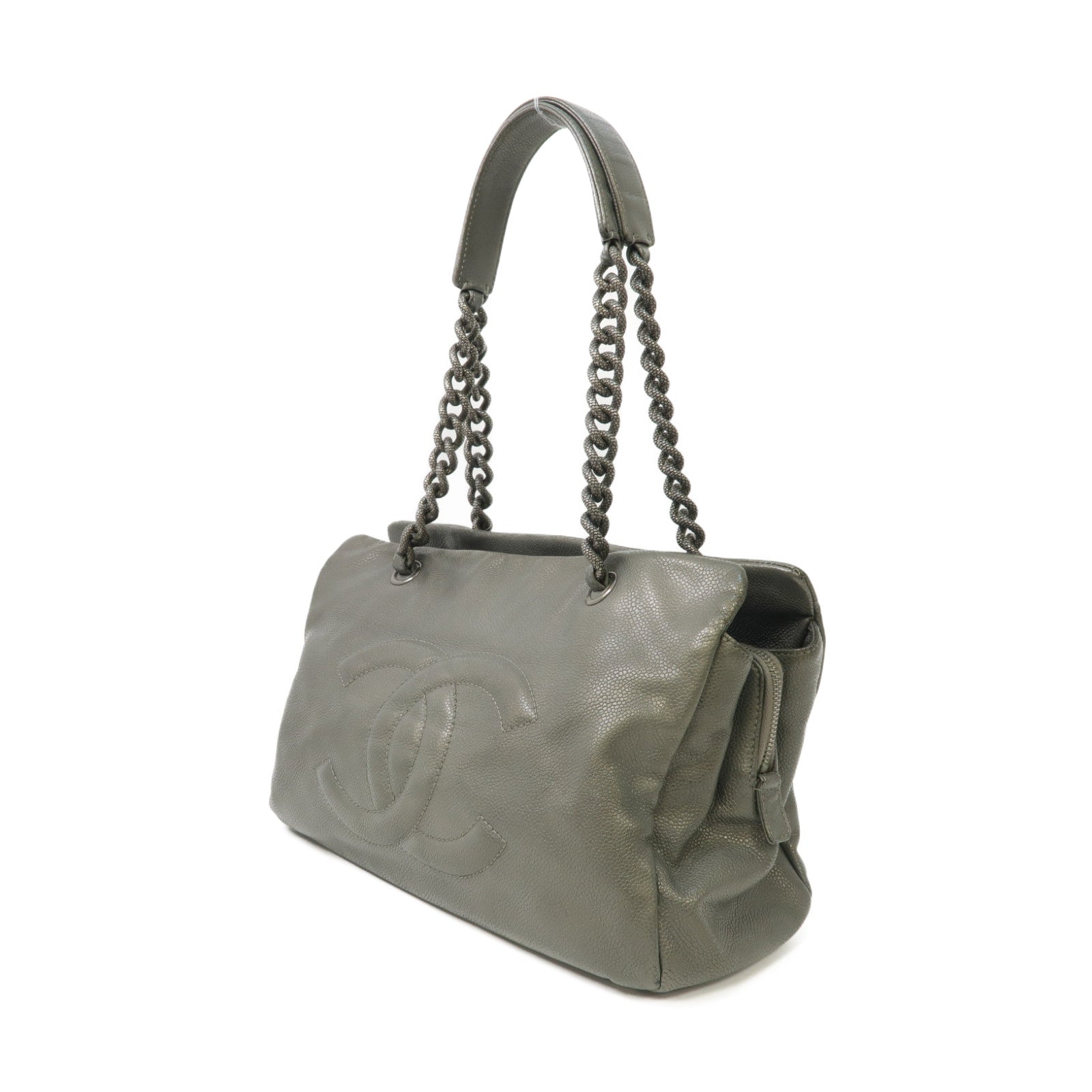 CHANEL 牛皮皮革Chain Shoulder Bag銀扣鏈帶肩背袋灰色