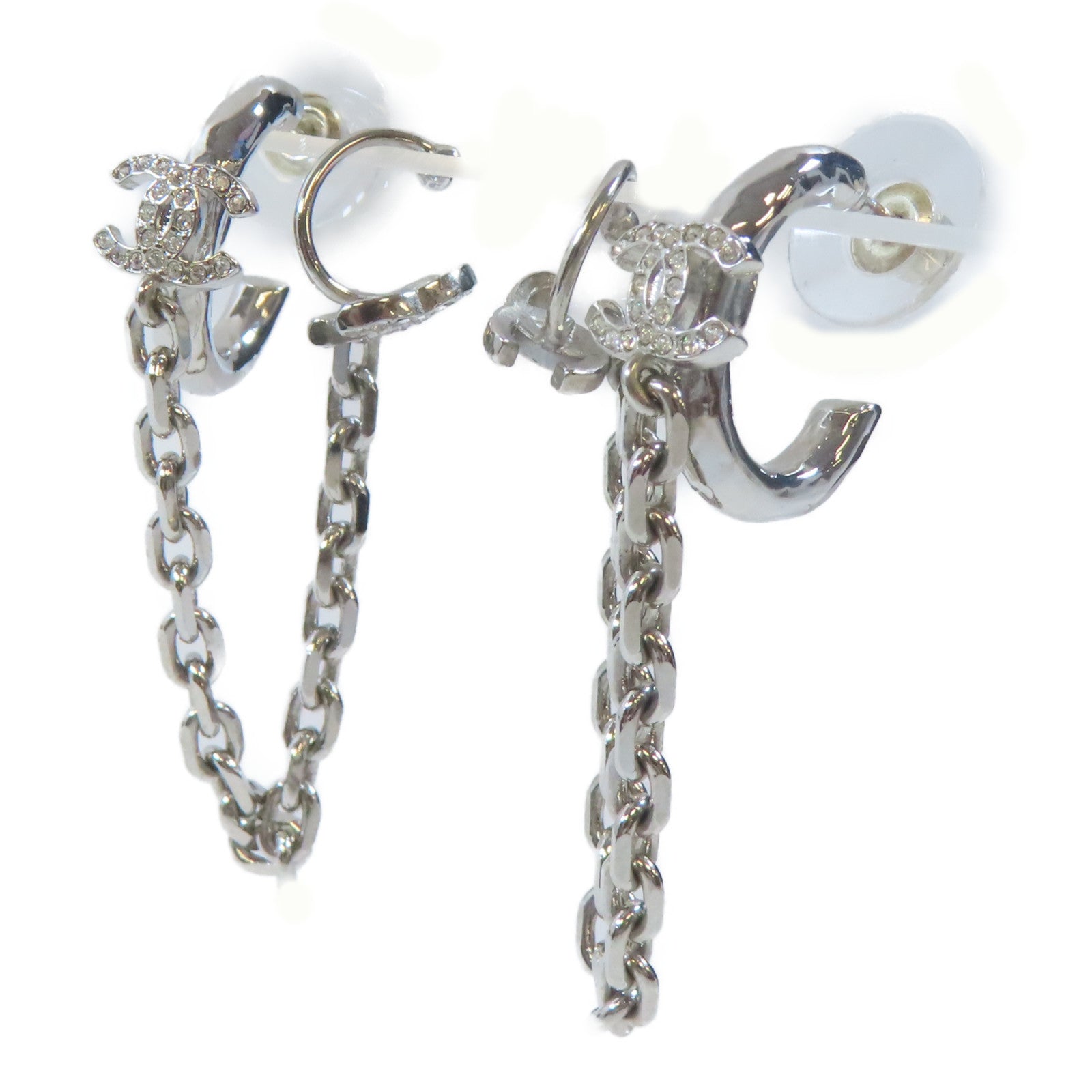 CHANEL 金屬/水晶Pierced Earrings With Ear Cuffs耳環/耳夾銀色