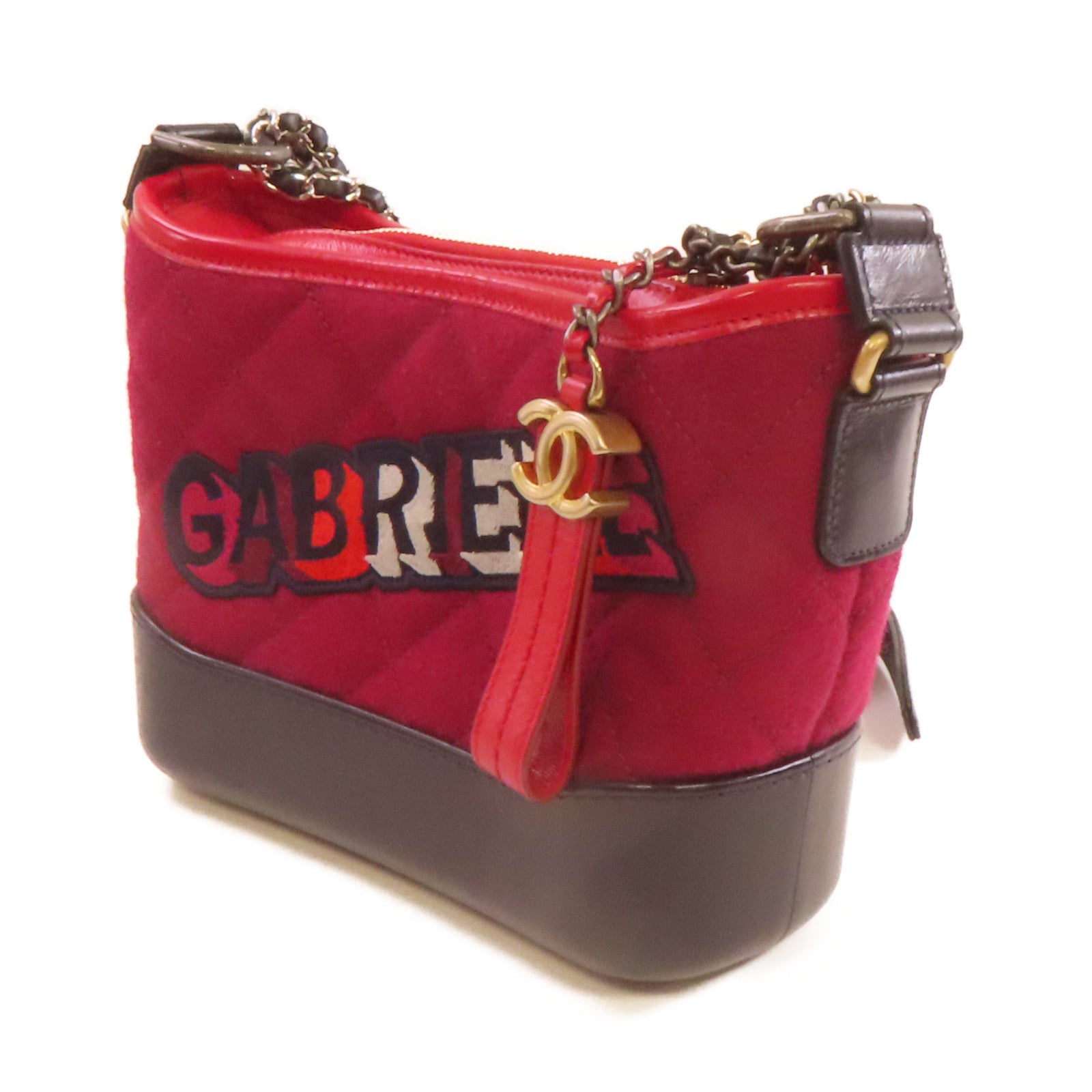 CHANEL **【激減優惠】菱格帆布Gabrielle Mini Chain Shoulder Bag銀扣鏈帶肩背袋酒紅色/黑色