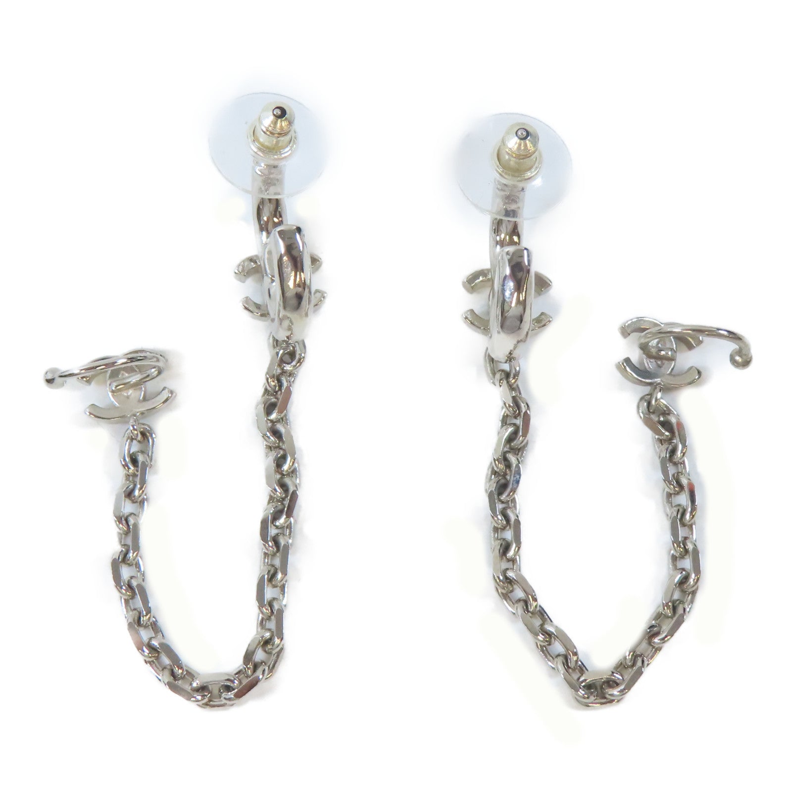 CHANEL 金屬/水晶Pierced Earrings With Ear Cuffs耳環/耳夾銀色