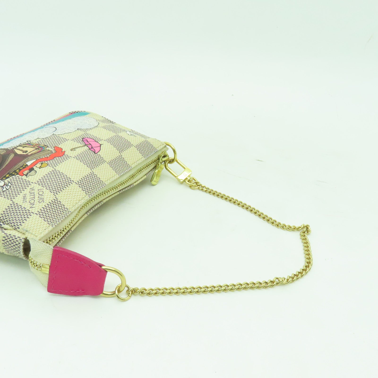 LOUIS VUITTON 【激減優惠】Damier Azur Mini Pochette Accessoires Pouch金扣鏈帶肩背袋白色
