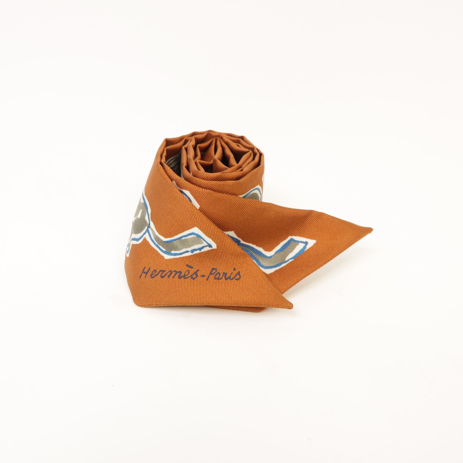 HERMES 絲質Twilly絲巾棕色/灰色