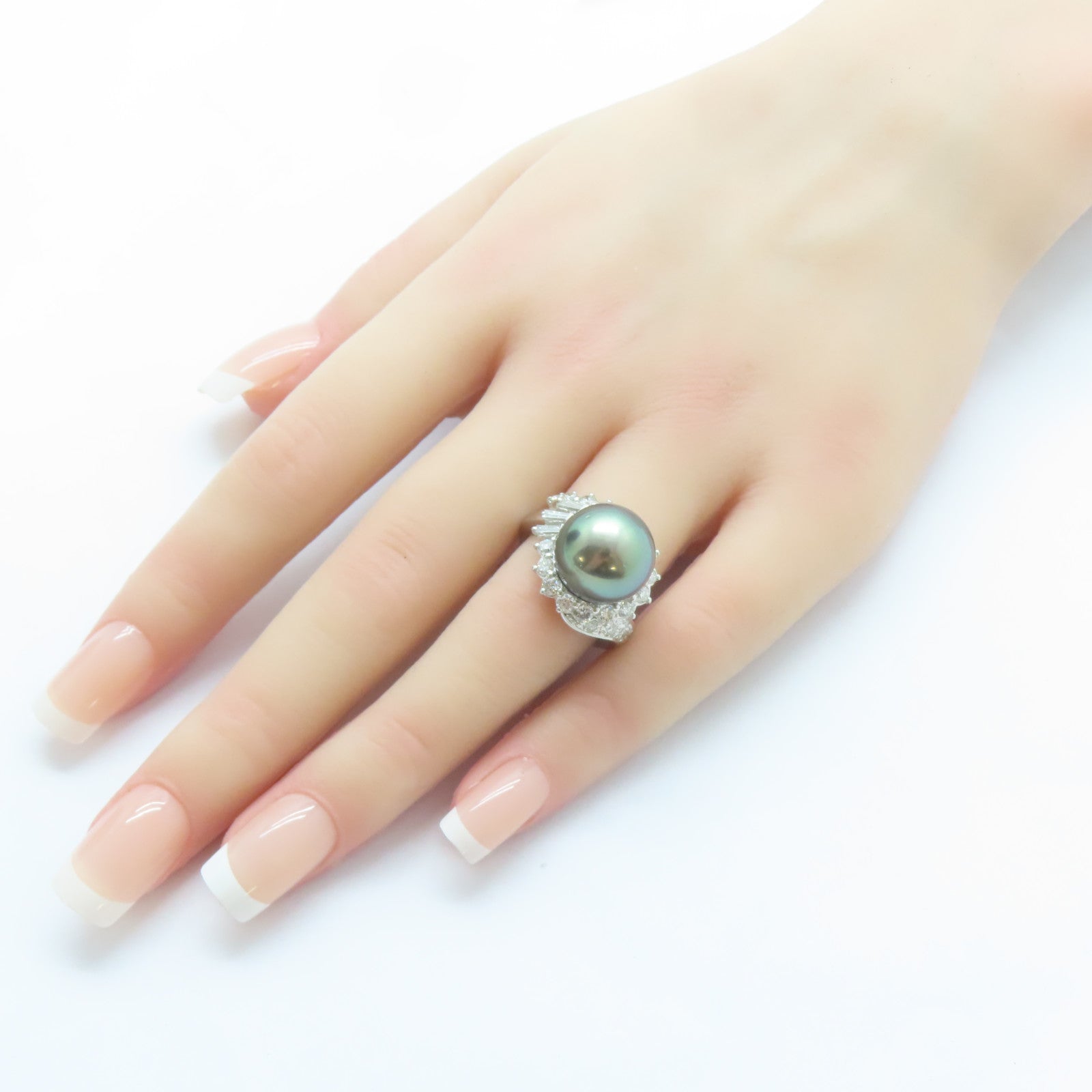 JEWELRY PT900鉑金Pearl Ring 珍珠13mm/1.2ct鑚石戒指US#6