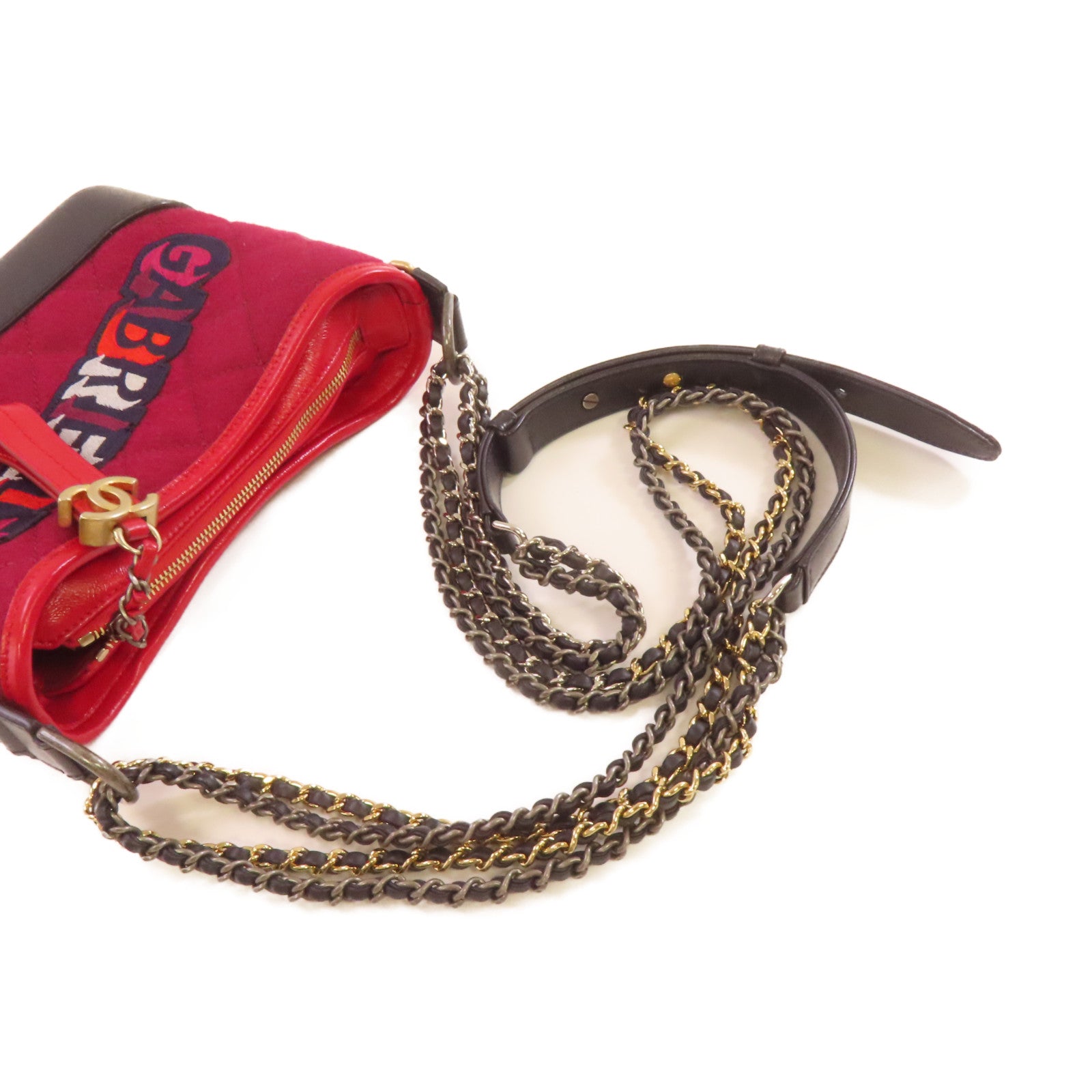CHANEL **【激減優惠】菱格帆布Gabrielle Mini Chain Shoulder Bag銀扣鏈帶肩背袋酒紅色/黑色