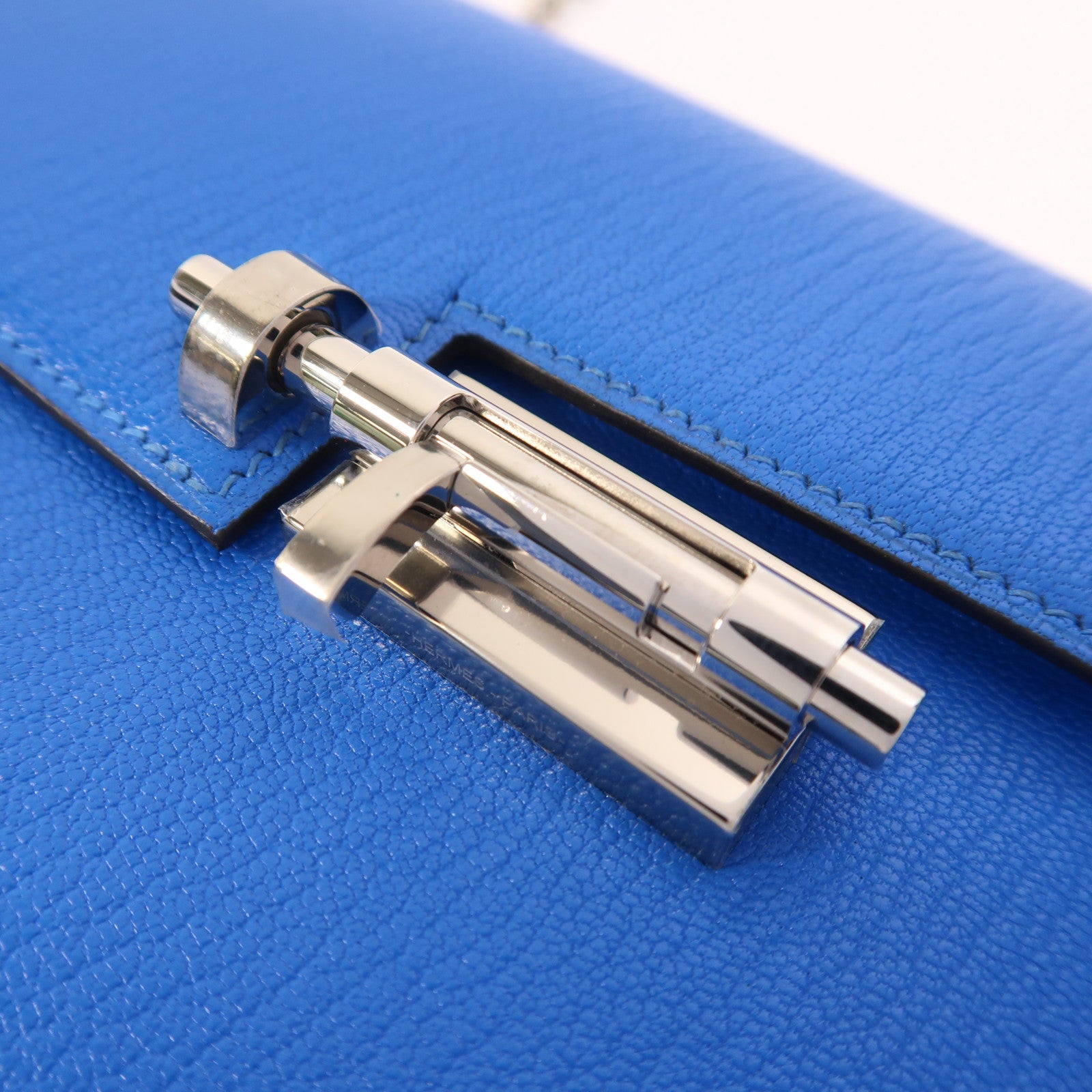 HERMES Chevre皮革Verrou Mini銀扣鏈帶肩背袋Bleu Hydra