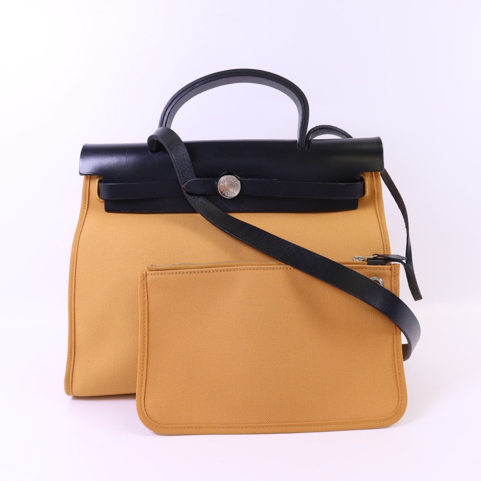 HERMES 帆布Herbag PM銀扣手挽肩背兩用袋Moutarde