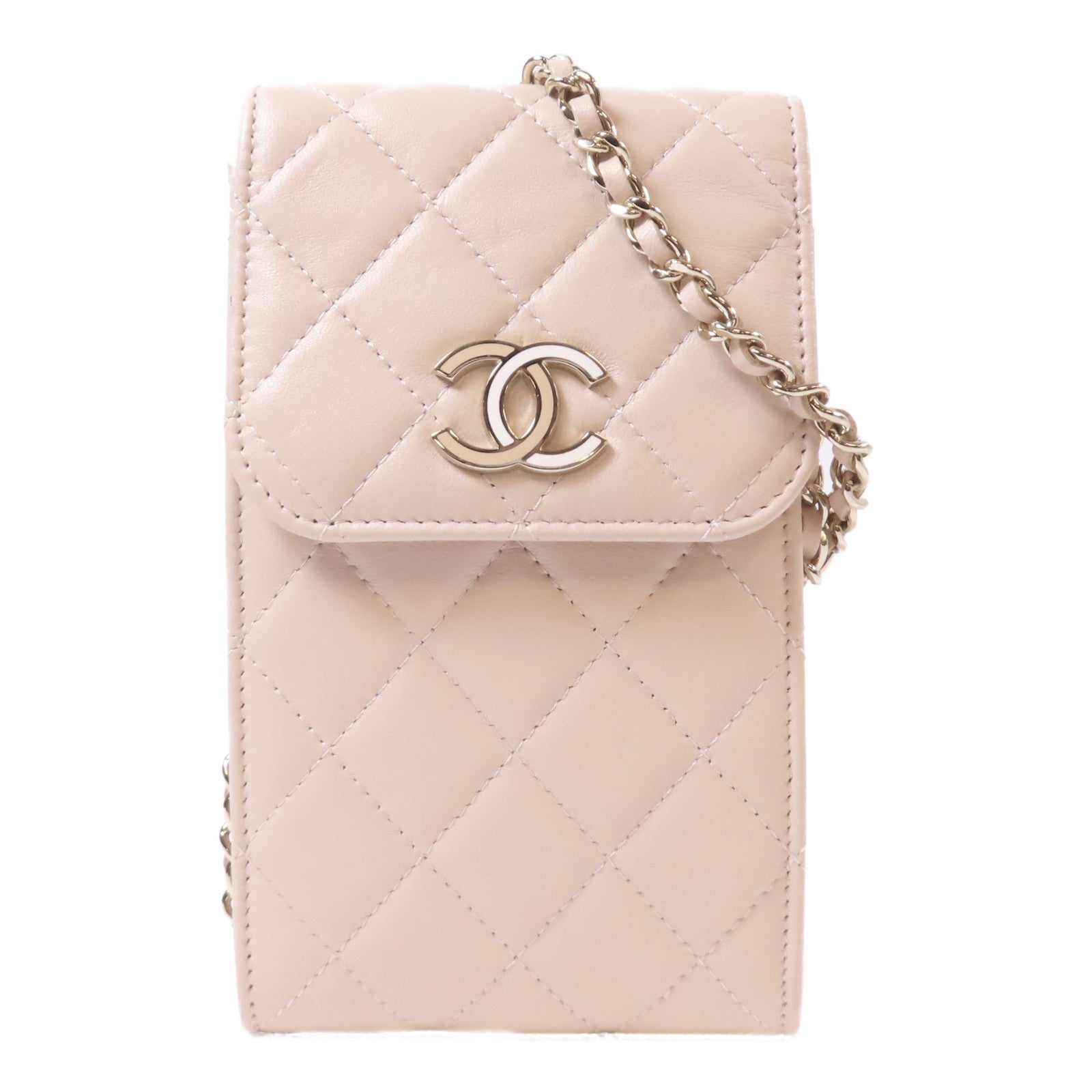 CHANEL 【激減優惠】菱格羊皮皮革Chain Phone Shoulder Bag金扣鏈帶肩背袋米色
