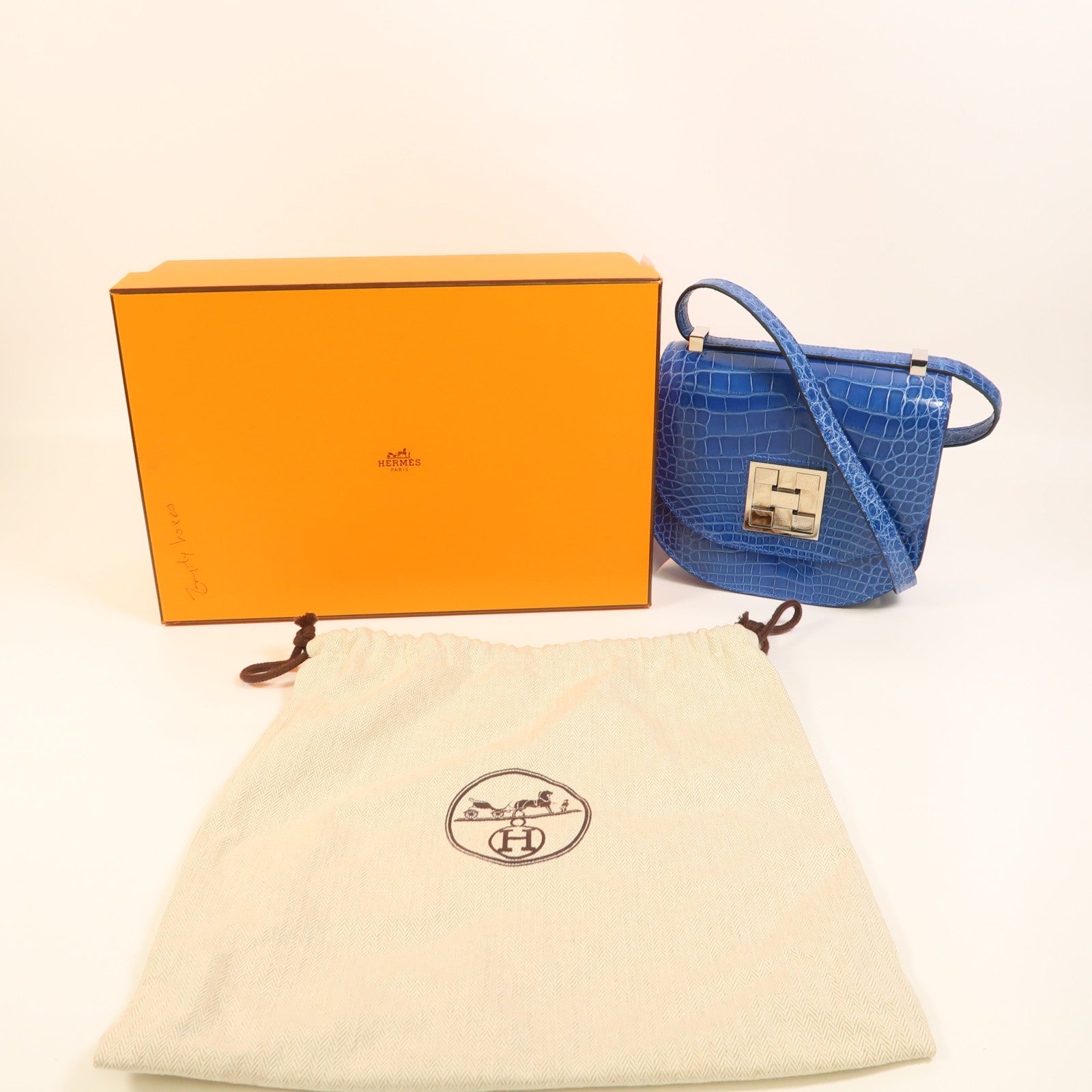 HERMES 鱷魚皮革Mini Mosaique銀扣肩背袋