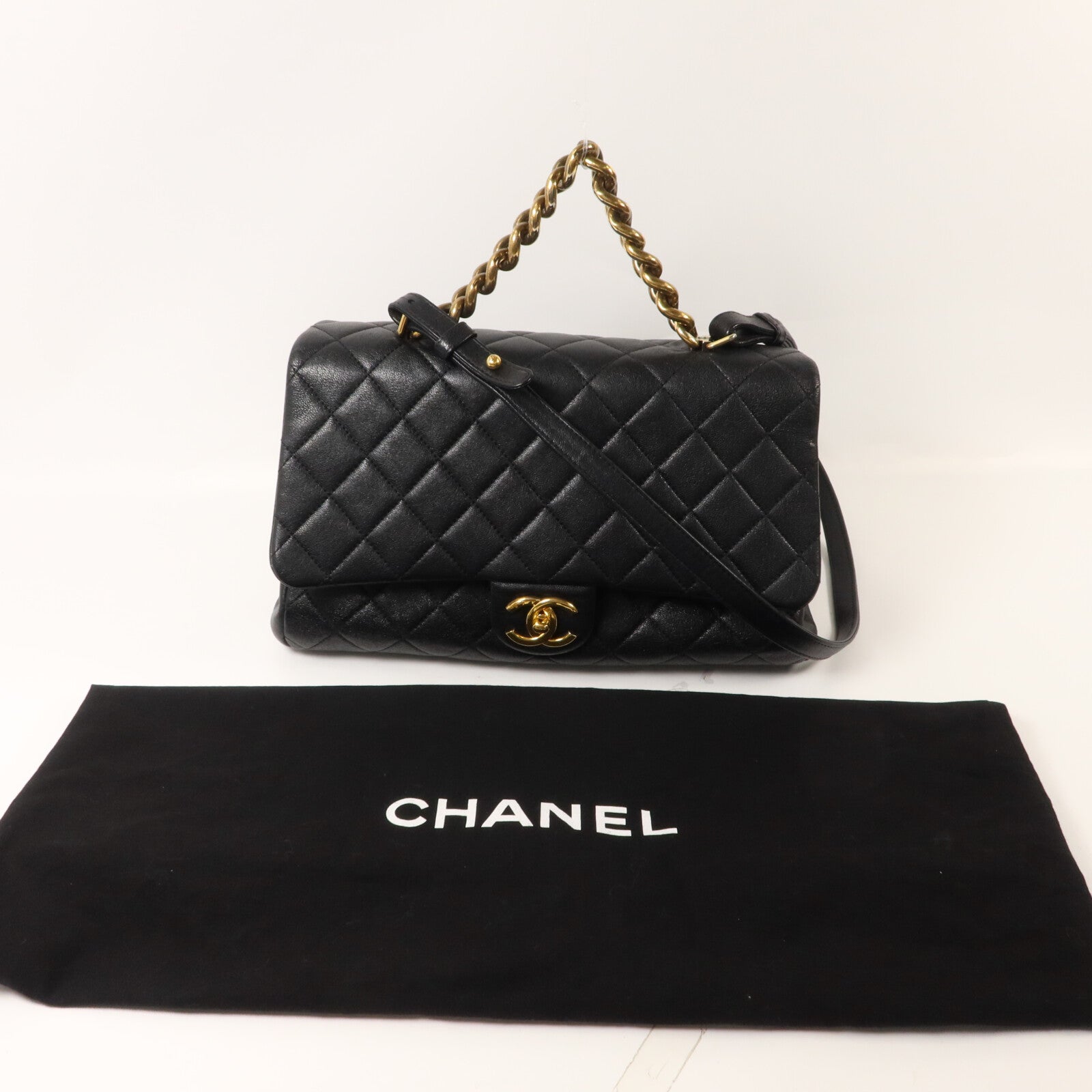 CHANEL 牛皮皮革Trapezio Flap Bag鏈帶手挽肩背兩用袋