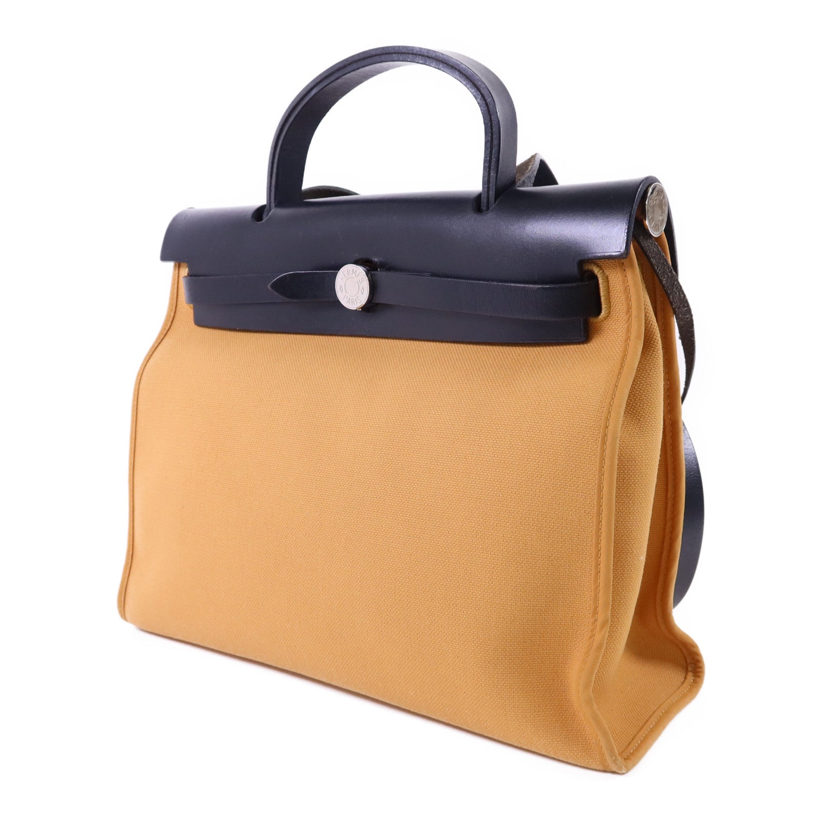 HERMES 帆布Herbag PM銀扣手挽肩背兩用袋Moutarde