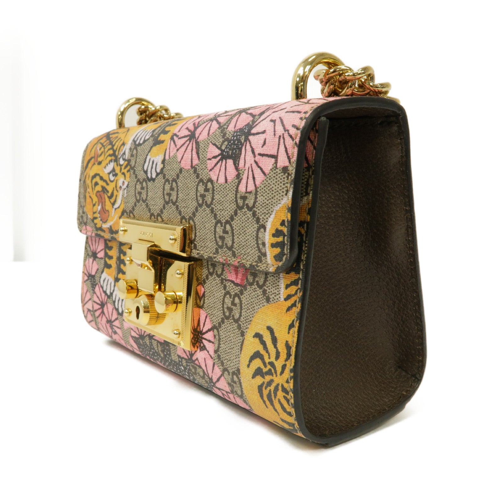 GUCCI 【激減優惠】塗層帆布Padlock GG金扣鏈帶肩背袋啡色