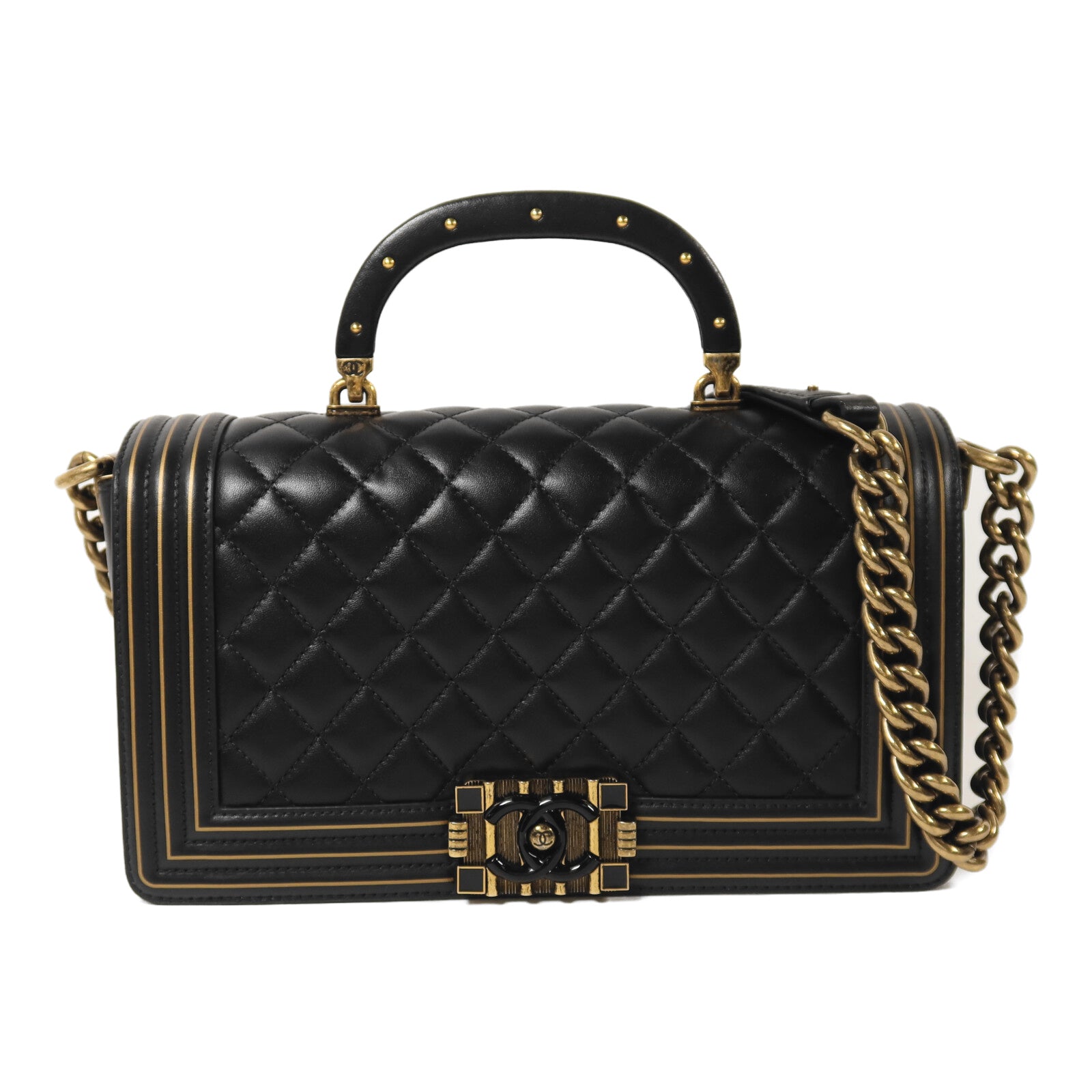 CHANEL 牛皮皮革Boy 25 Studded Handle Flap金扣鏈帶肩背袋