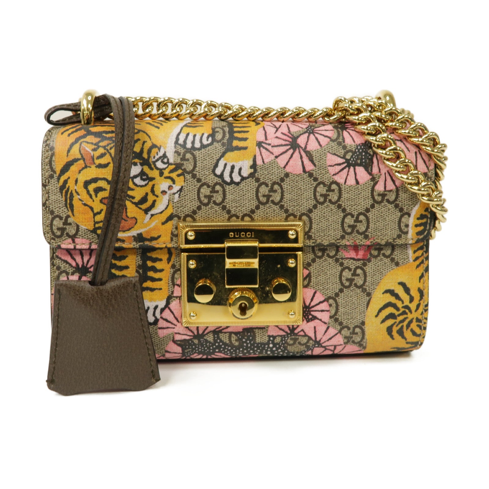 GUCCI 【激減優惠】塗層帆布Padlock GG金扣鏈帶肩背袋啡色